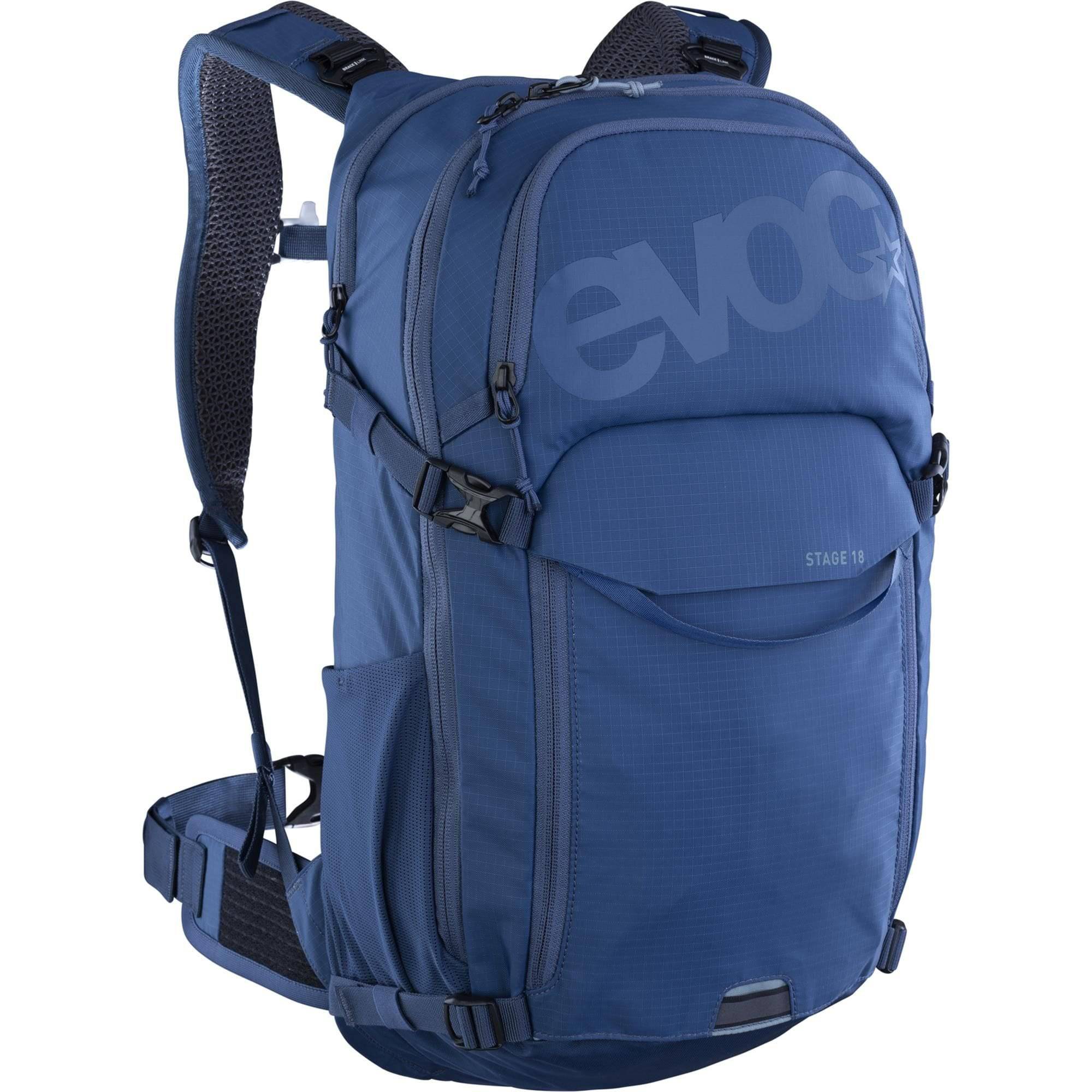 EVOC Stage 18L mountain biking backpack with ventilation, multiple tool compartments, and ergonomic design for outdoor adventures.