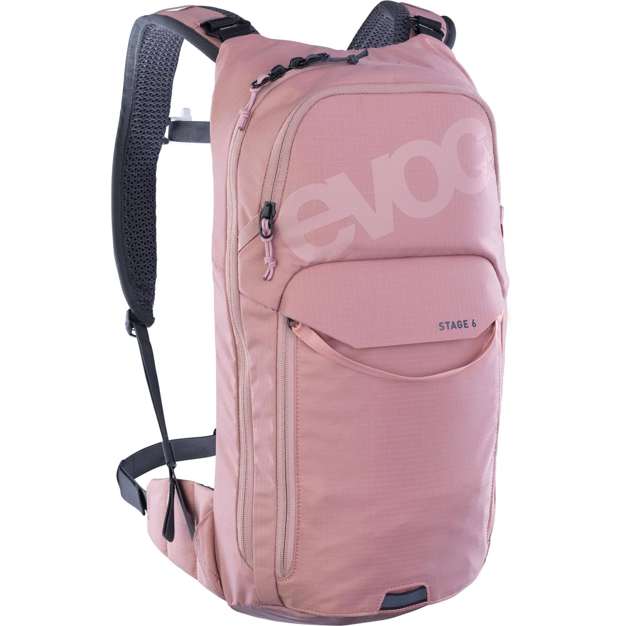 EVOC Stage 6L performance mountain bike backpack with hydration compartment, compact design, and adjustable straps.