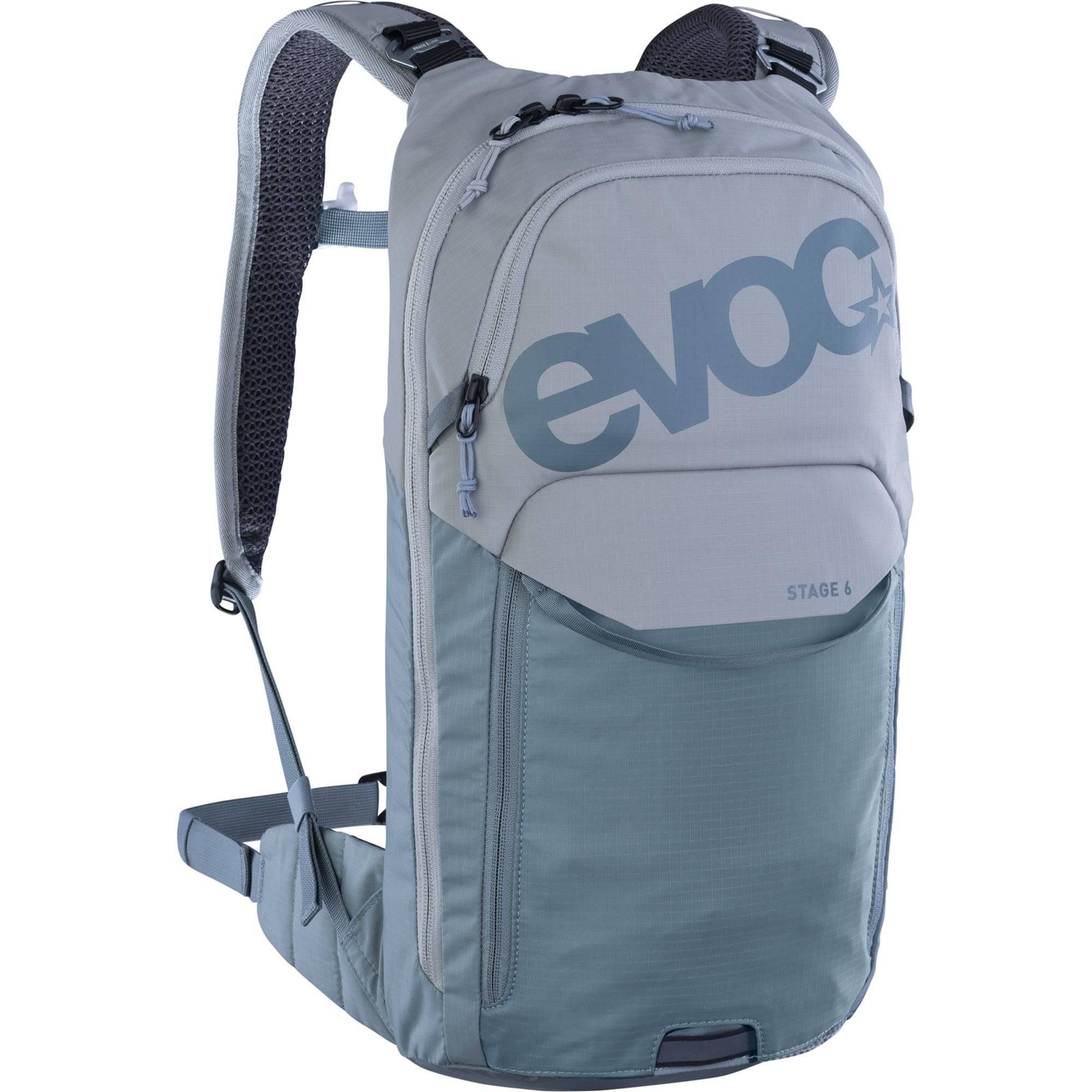 EVOC Stage 6L mountain bike backpack with 2L hydration bladder, black accessories for cycling and outdoor gear.