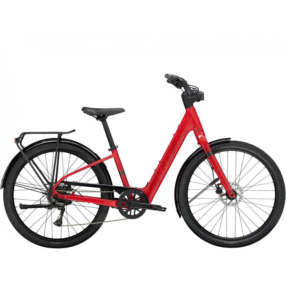 Trek Verve+ 1 Lowstep LT women's electric hybrid bike for commuting and light trail riding, with step-through frame and battery.