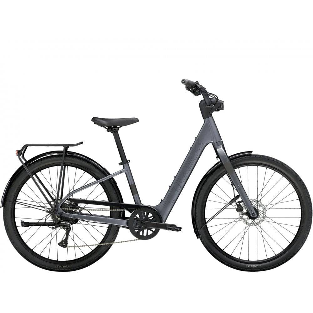 Trek Verve+ 1 Lowstep LT women's electric hybrid bike with step-through frame, suitable for commuting and light trail riding.