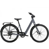 Trek Verve+ 1 Lowstep LT women's electric hybrid bike with step-through frame, suitable for commuting and light trail riding.
