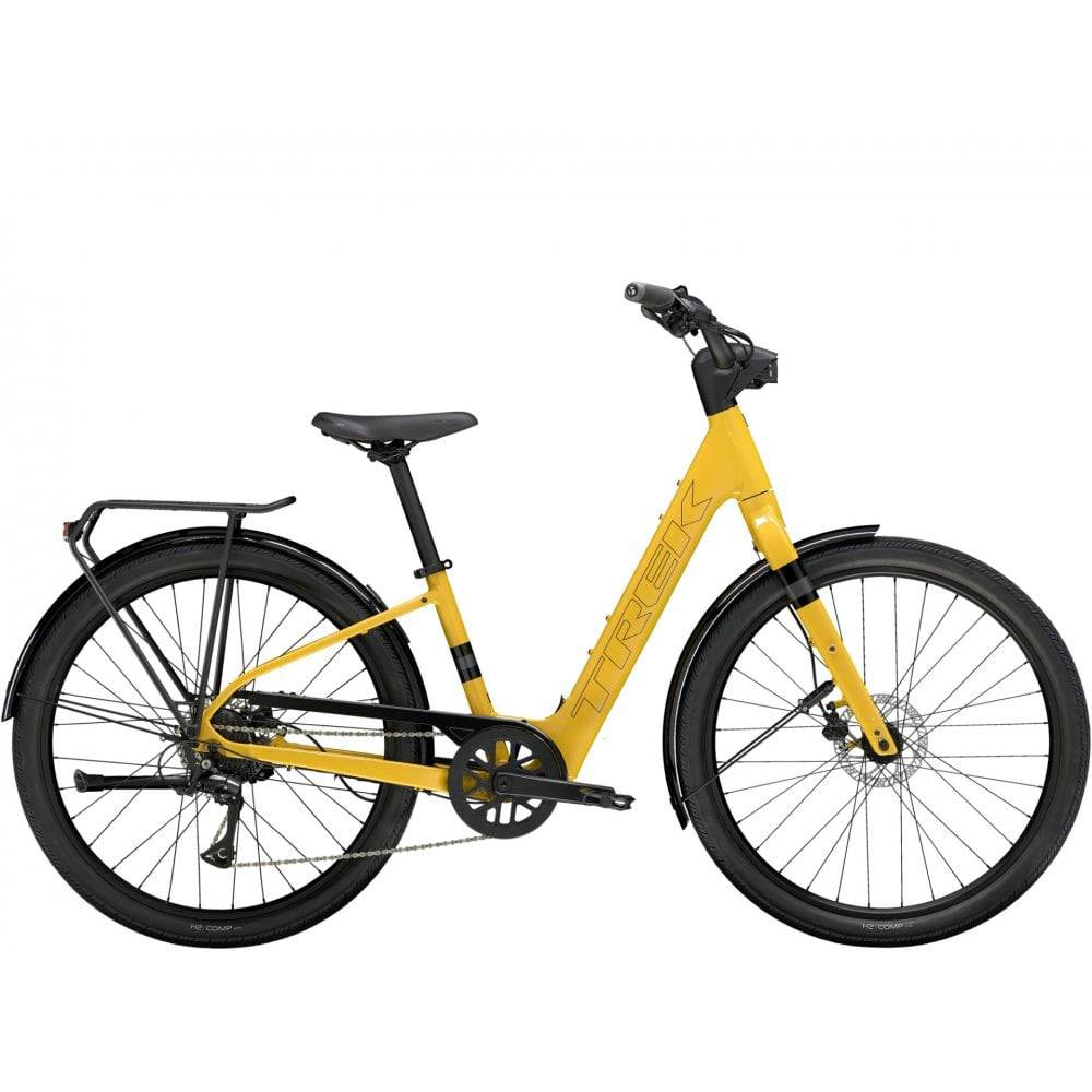 Trek Verve+ 1 Lowstep LT women's electric hybrid bike for commuting and light trail riding, featuring a step-through frame and motor assist
