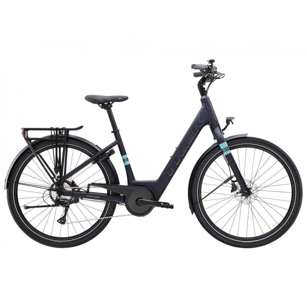 Trek Verve+ 1 Lowstep women's electric hybrid bike with comfortable ride and e-assist, shown from side view.