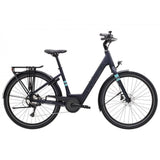 Trek Verve+ 1 Lowstep women's electric hybrid bike with comfortable ride and e-assist, shown from side view.