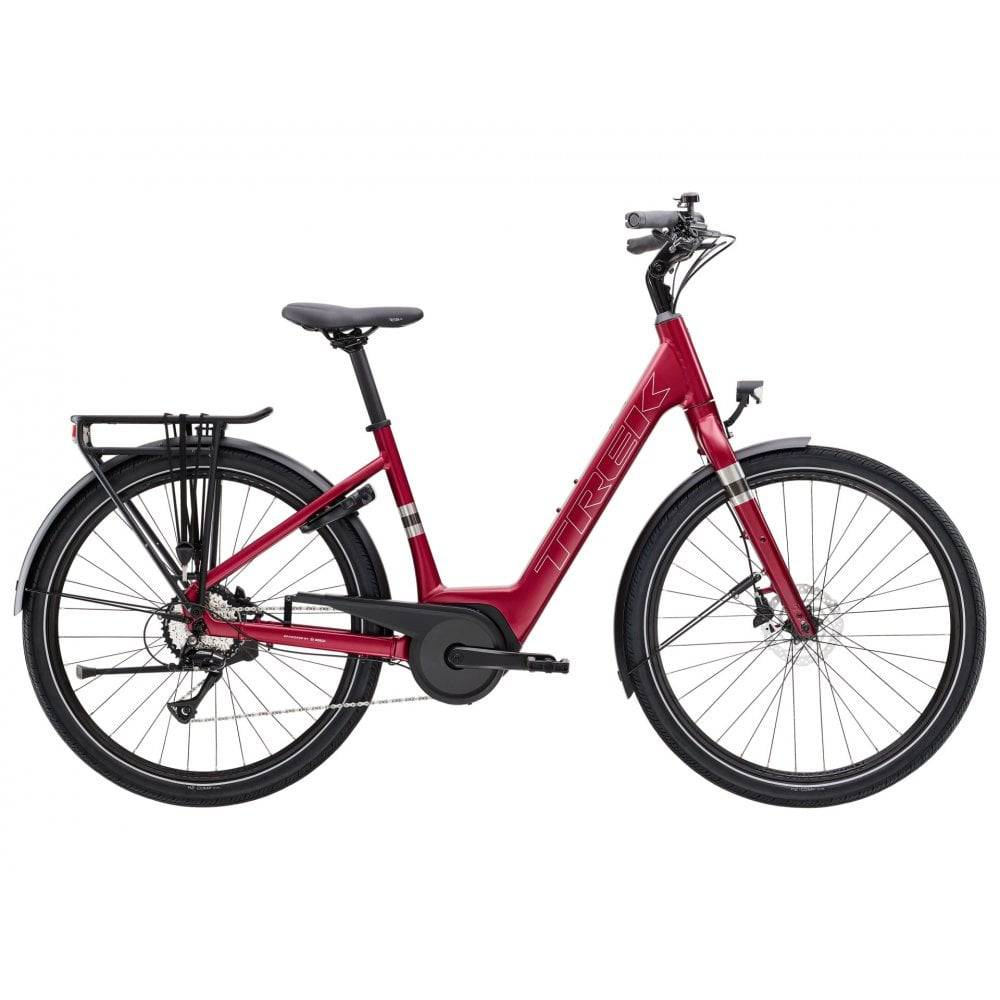 Trek Verve+ 1 Lowstep women's electric hybrid bike with step-through frame and comfortable e-assist ride, shown outdoors.