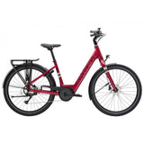 Trek Verve+ 1 Lowstep women's electric hybrid bike with step-through frame and comfortable e-assist ride, shown outdoors.