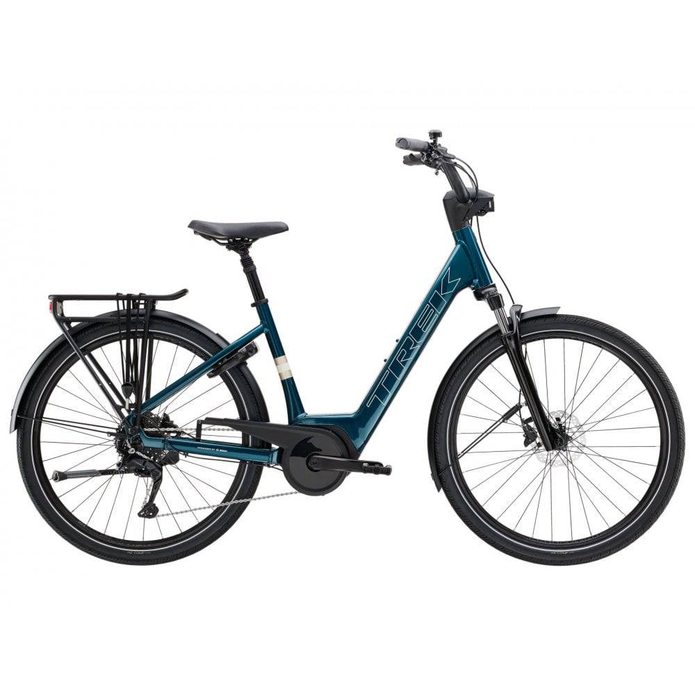 Trek Verve+ 2 Lowstep Gen 3 2025 e-hybrid bike with Bosch Active Line Plus motor and 400Wh battery, shown from side view