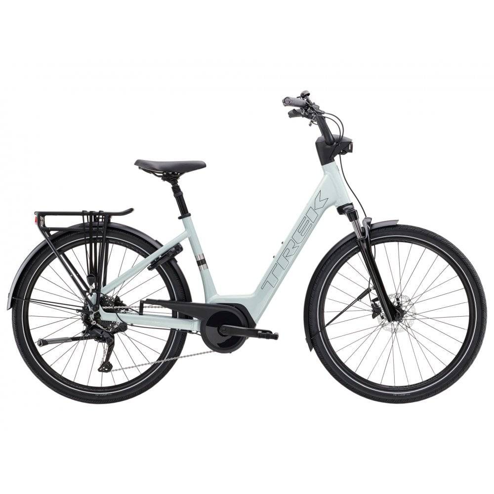 Trek Verve+ 2 Lowstep Gen 3 e-hybrid bike with Bosch Active Line Plus motor and 400Wh battery, shown in a natural riding position.