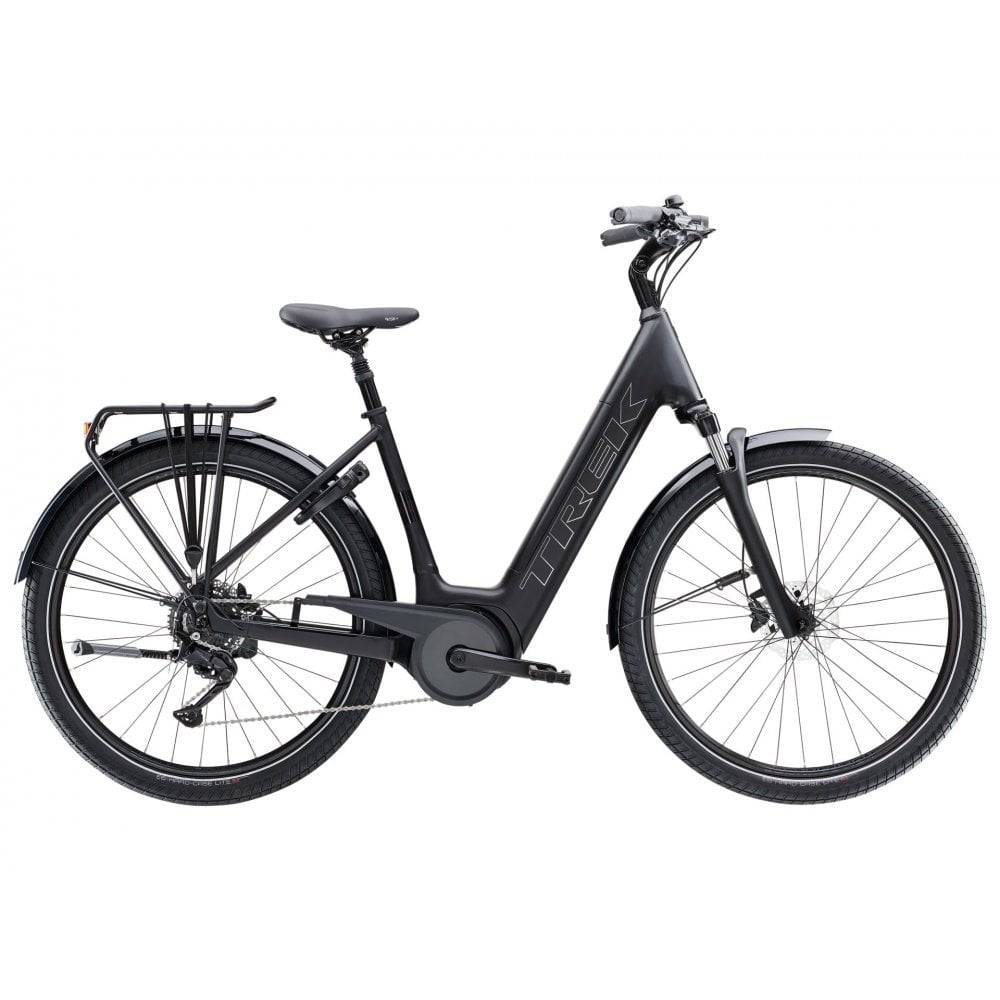 Trek Verve+ 3 Lowstep electric hybrid bike with step-through frame and pedal assist, ideal for comfortable urban commuting.