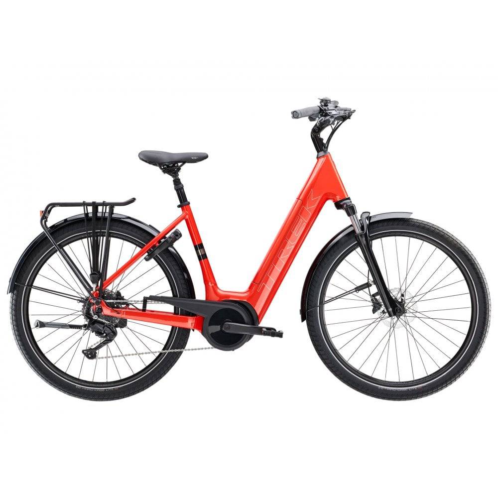 Trek Verve+ 3 Lowstep electric hybrid bike with step-through frame, comfortable saddle, and pedal assist for urban commuting.