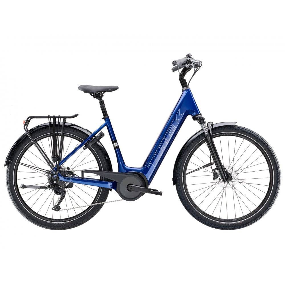 Trek Verve+ 3 Lowstep electric hybrid bike for urban commuting with comfortable frame and pedal assist system.
