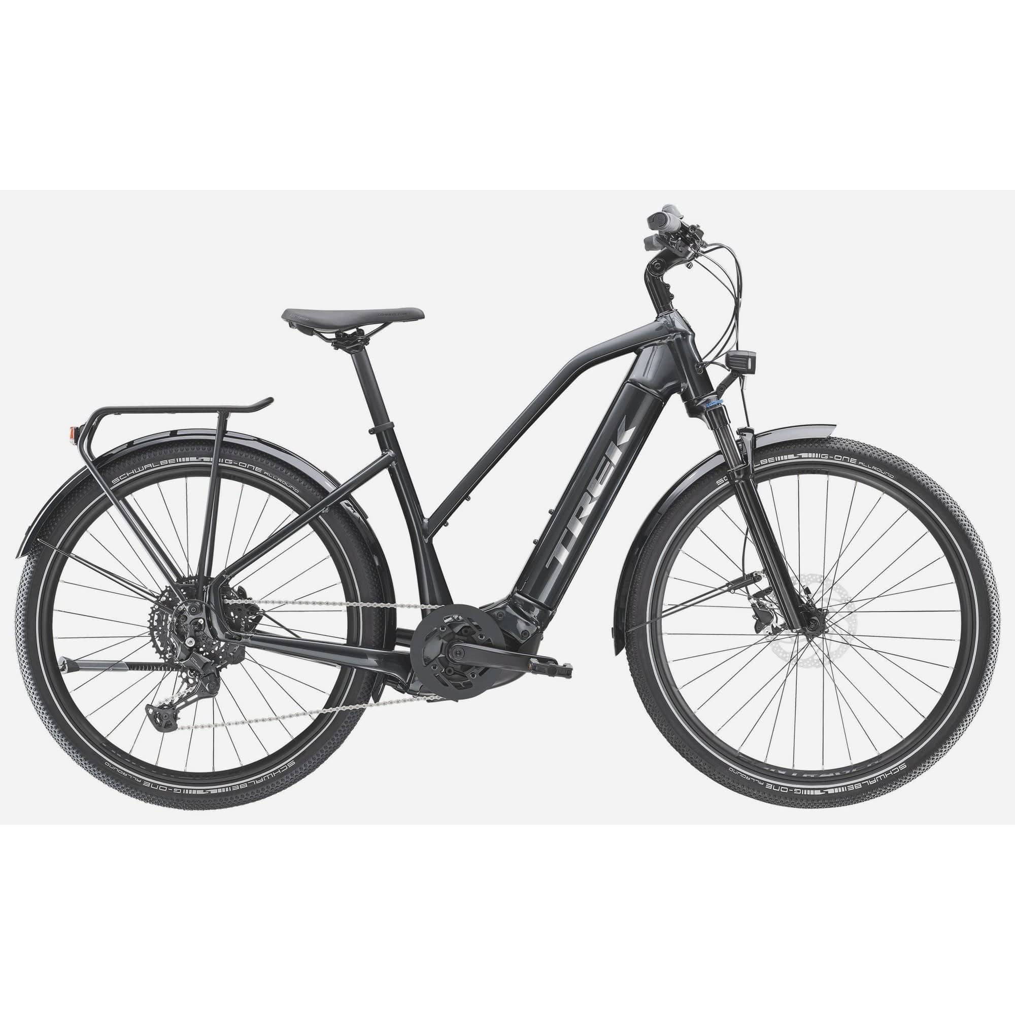 Trek Allant+ 7 Stagger 2025 electric hybrid bike for urban commuting, featuring a step-through frame and sleek design.