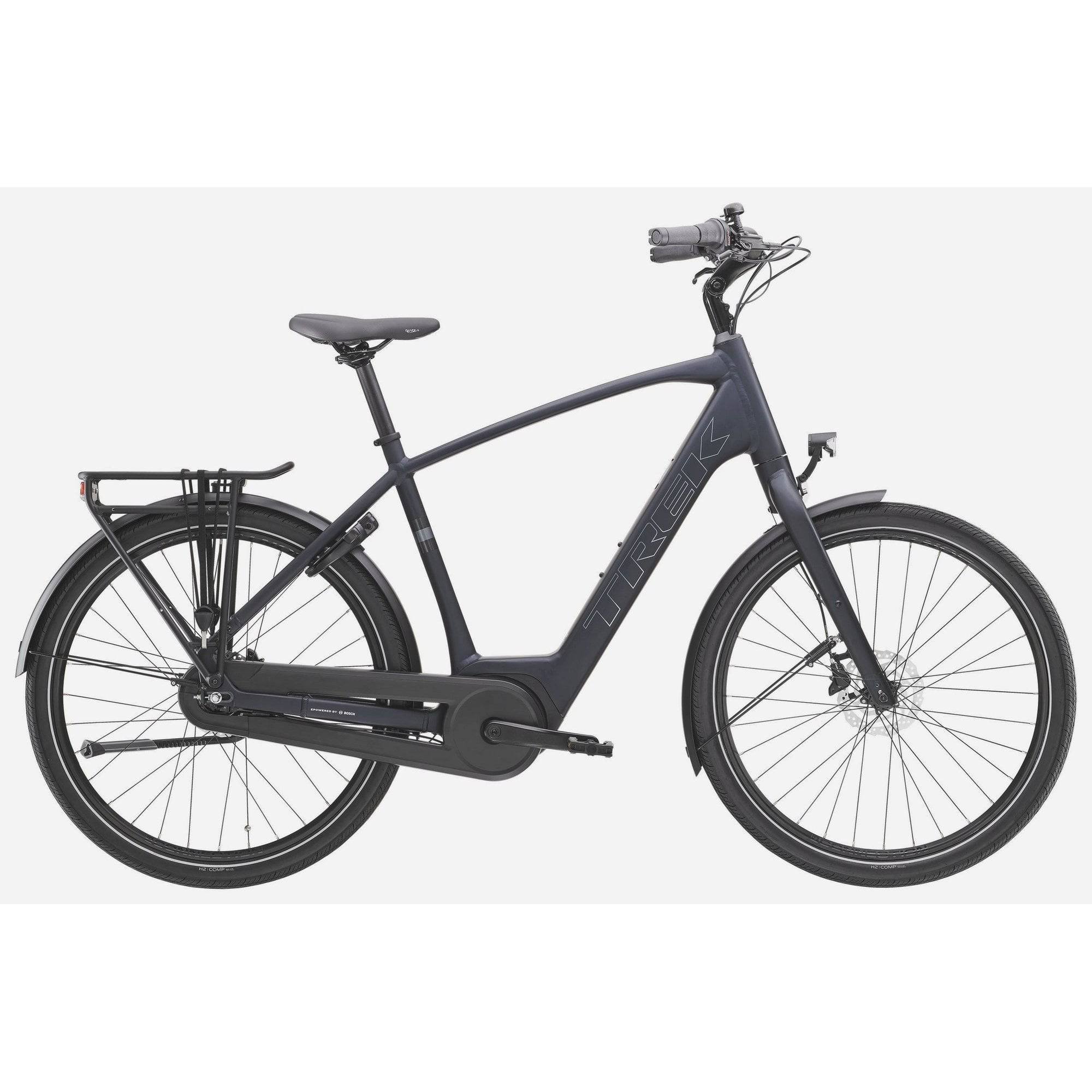 Trek District+ 1 2025 electric hybrid bike for urban commuting, featuring a sleek frame and electric motor for eco-friendly riding.