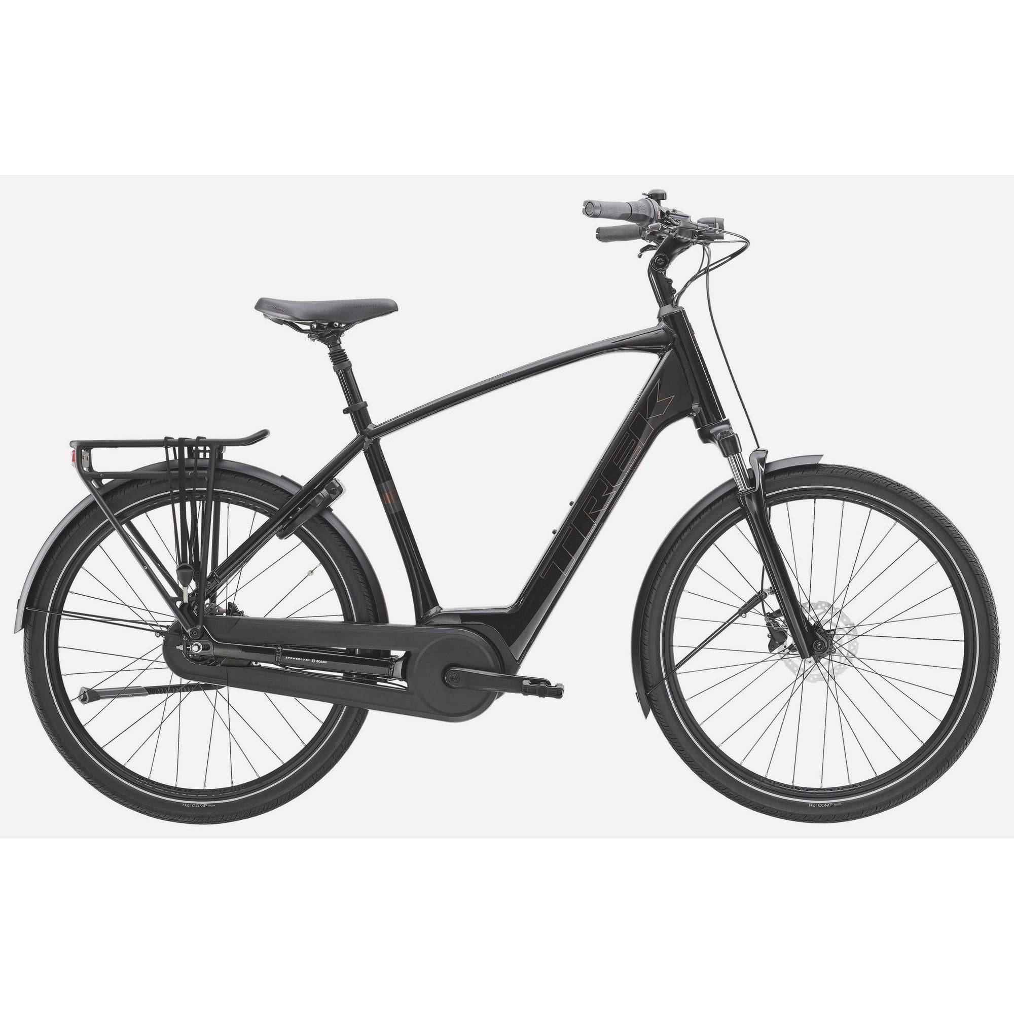 Trek District+ 2 2025 unisex electric hybrid bike for urban commuting and suburban riding, with sleek frame and electric assist.