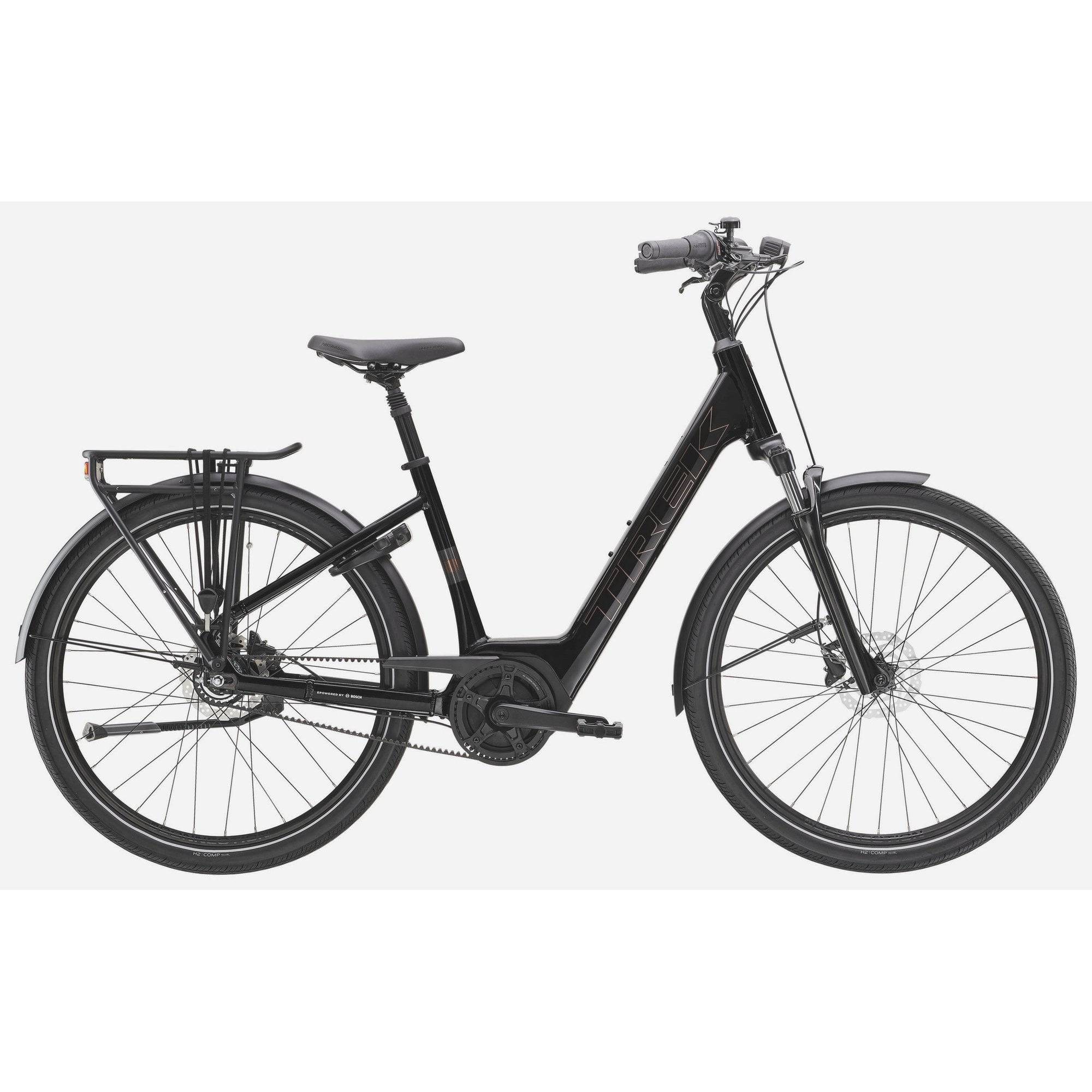 Trek District+ 2 Belt Lowstep women's e-hybrid bike with step-through frame, ideal for urban commuting and city riding.