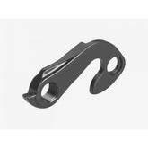 Trek 6061 black flip-flop rear derailleur hanger, 135mm quick-release, rear drive side bicycle component on black background