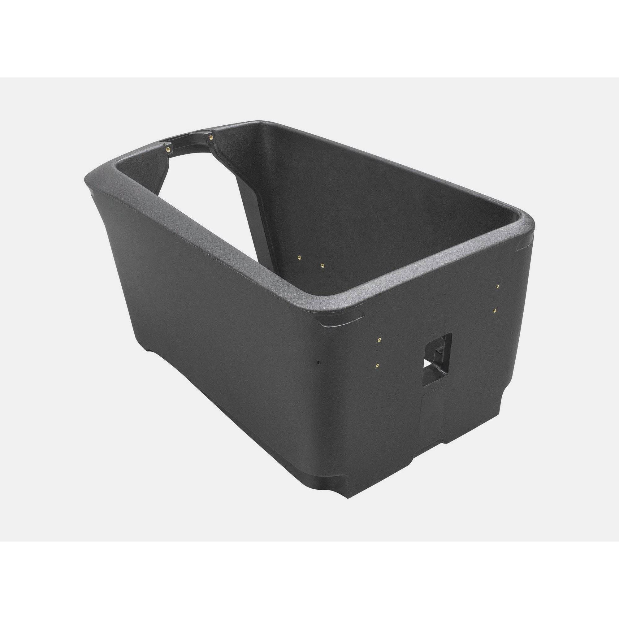 Trek 2023 Fetch+ 4 cargo box in black, 109x52x70cm, outdoor bike storage and luggage accessory on a bike.