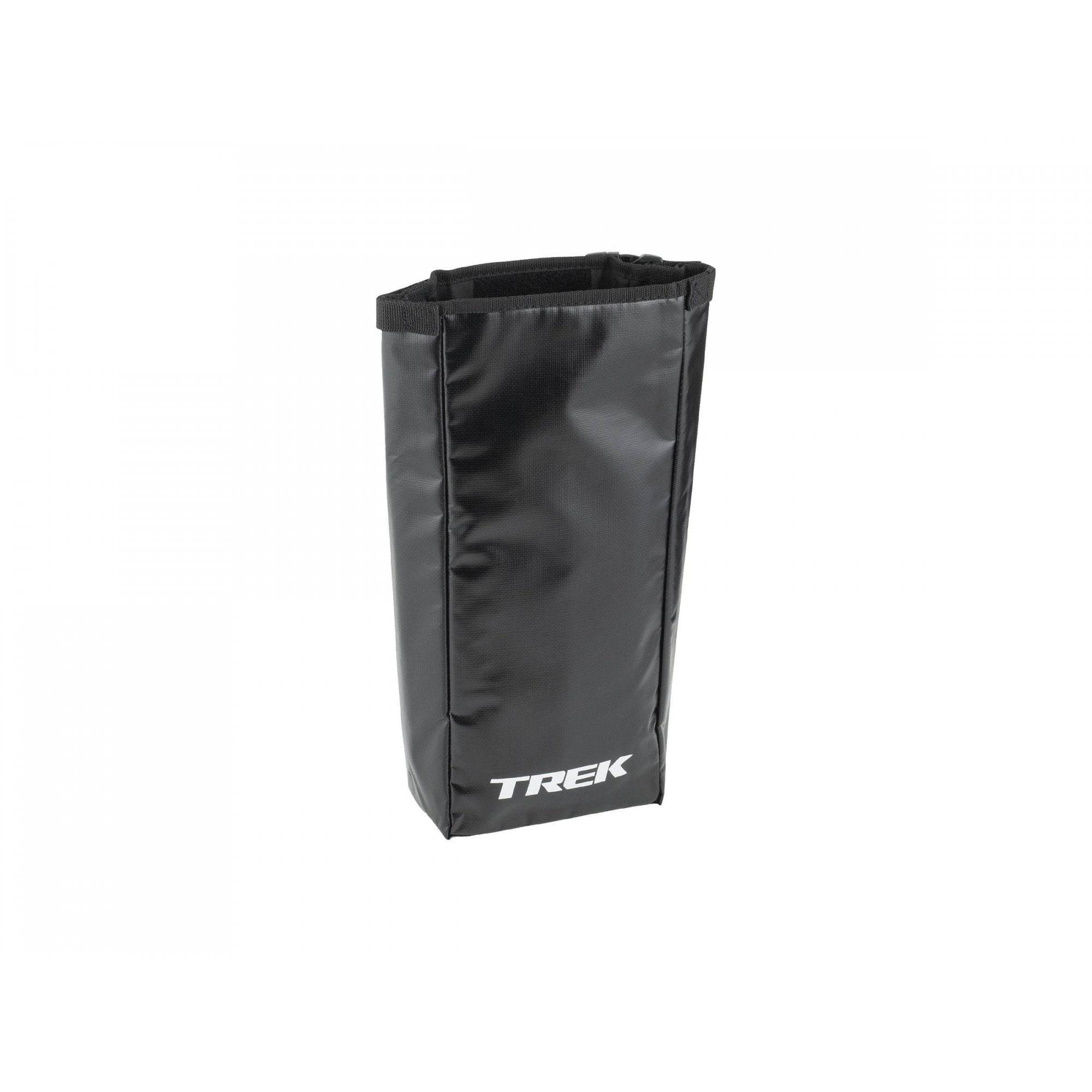 Trek waterproof black bike rack pannier bag with buckle closure, compact 0.8L accessory for cycling gear storage.