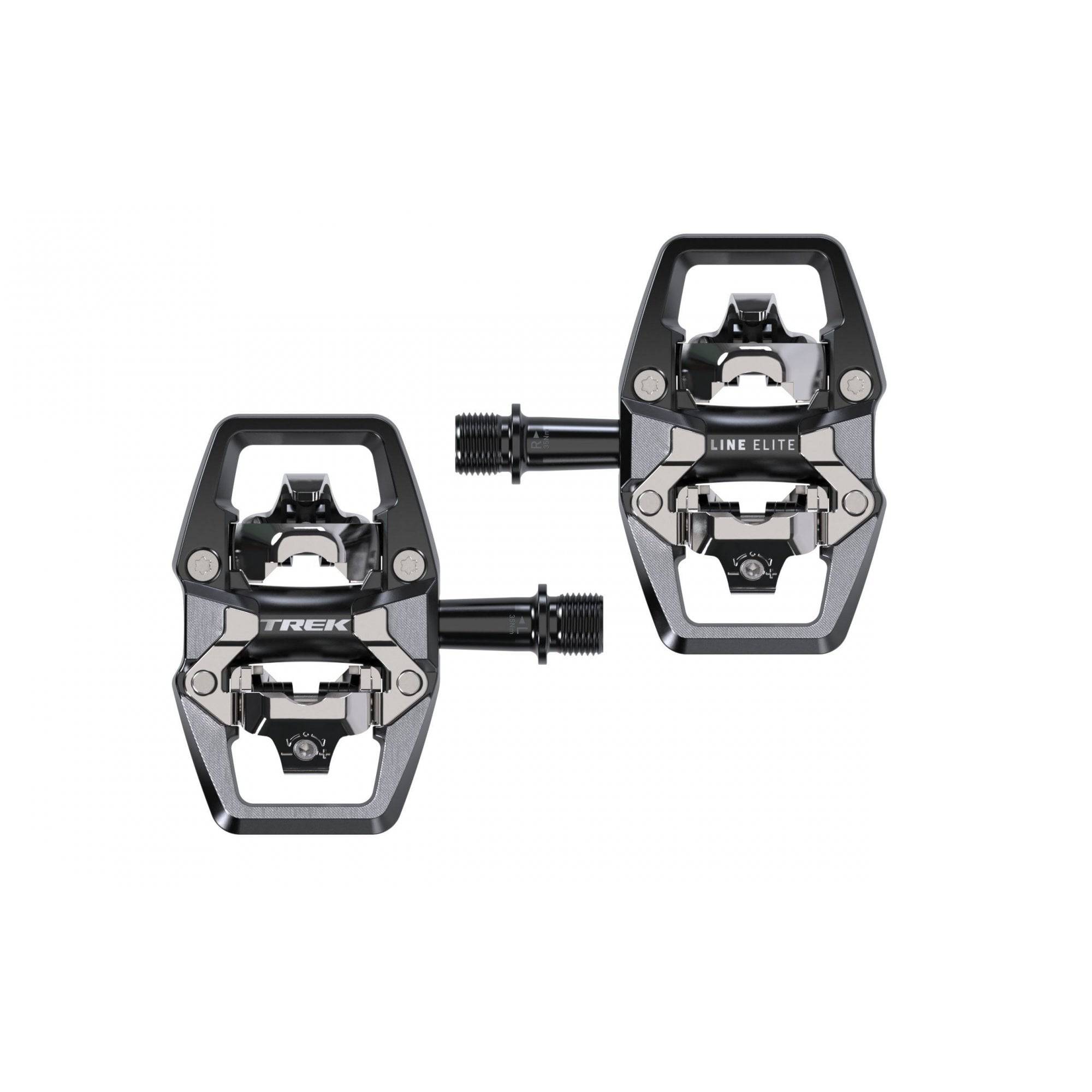 Trek Line Elite black clipless cycling pedal set with 9/16" spindle, designed for road and mountain bike components.
