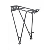 Trek black rear bike rack for 700c wheels, lightweight luggage carrier accessory attached to a bicycle frame.