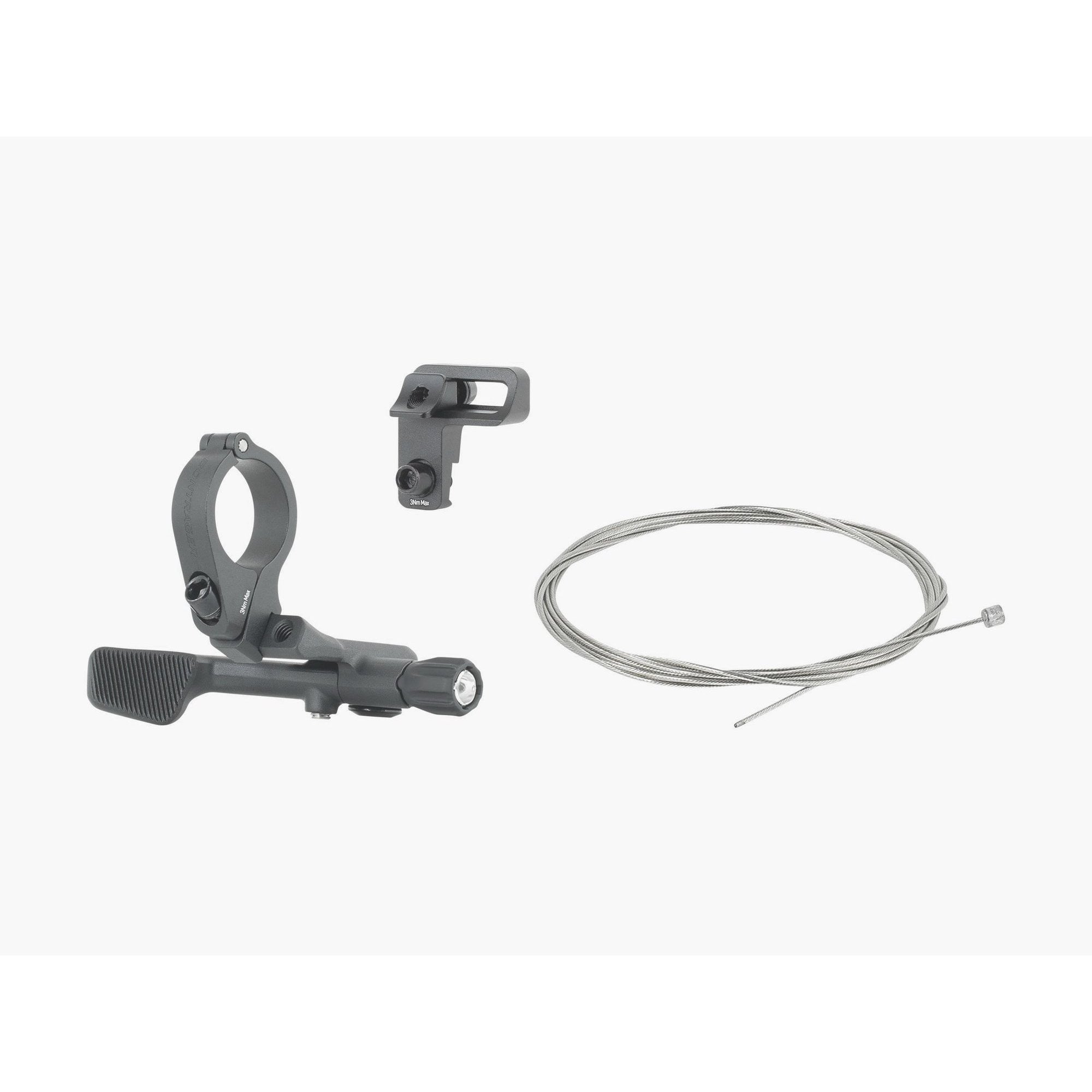 Bontrager Line Elite Stealth dropper seatpost lever in black for bike components, showing close-up of lever and mounting area