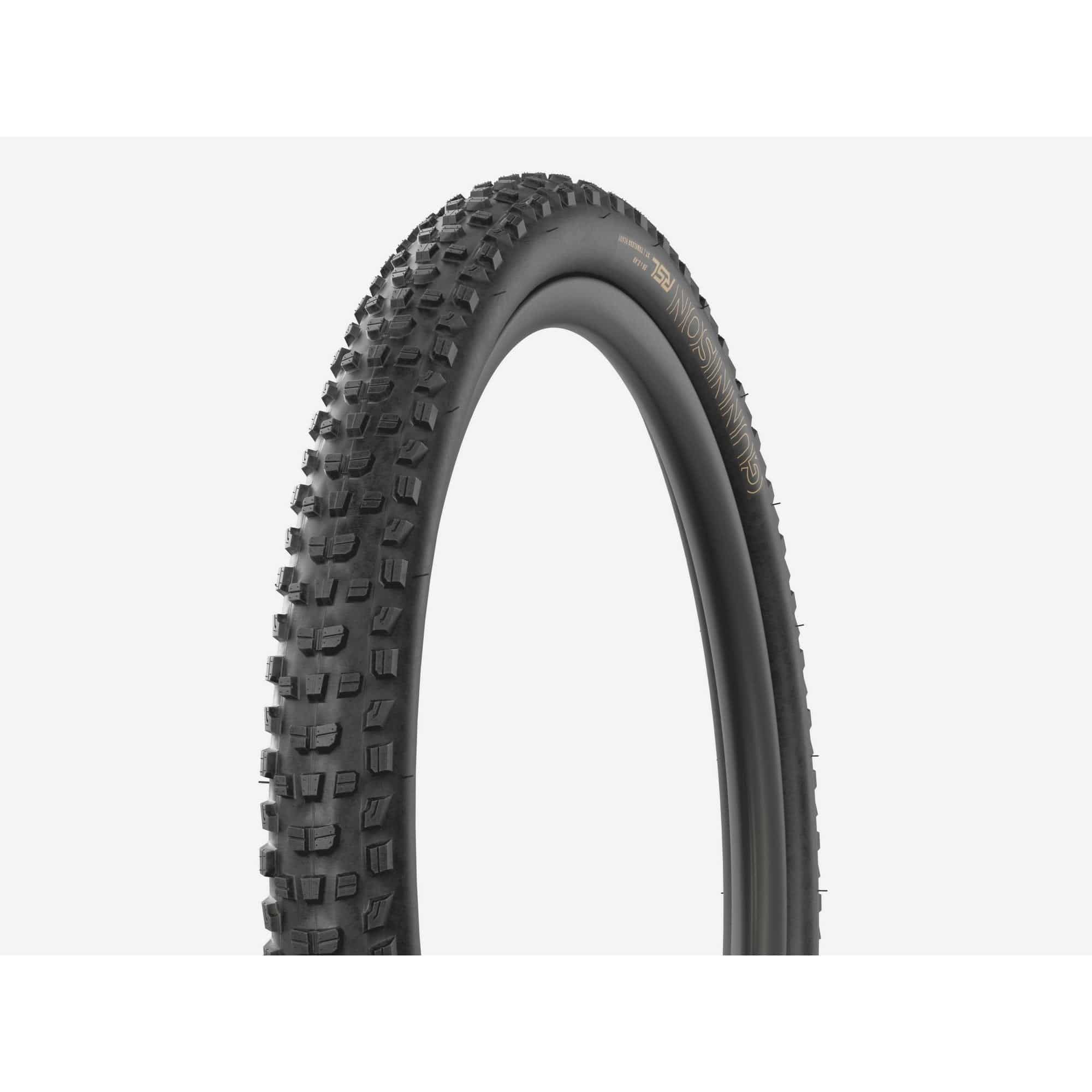 Bontrager Gunnison RSL XT TLR mountain bike tire showing tread pattern and tubeless-ready design for MTB riding.