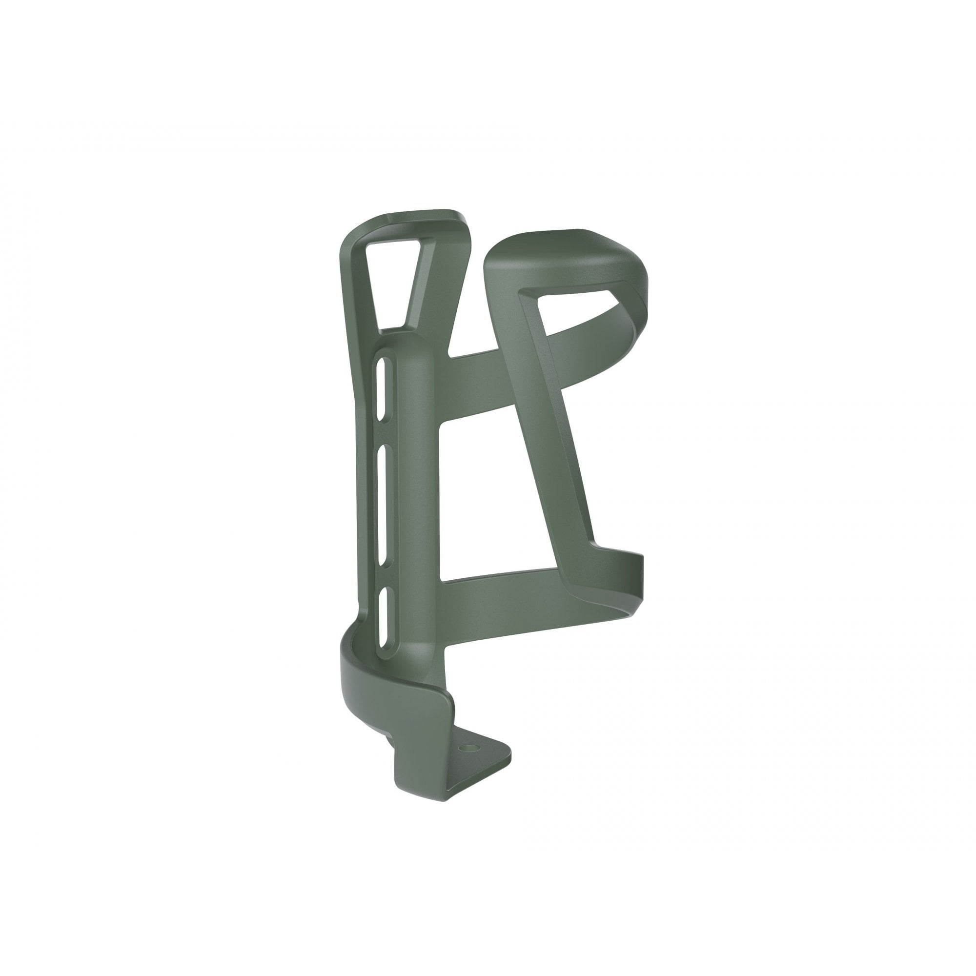 Trek left side load recycled water bottle cage for bikes, eco-friendly bike accessory, durable metal design on a bike frame.