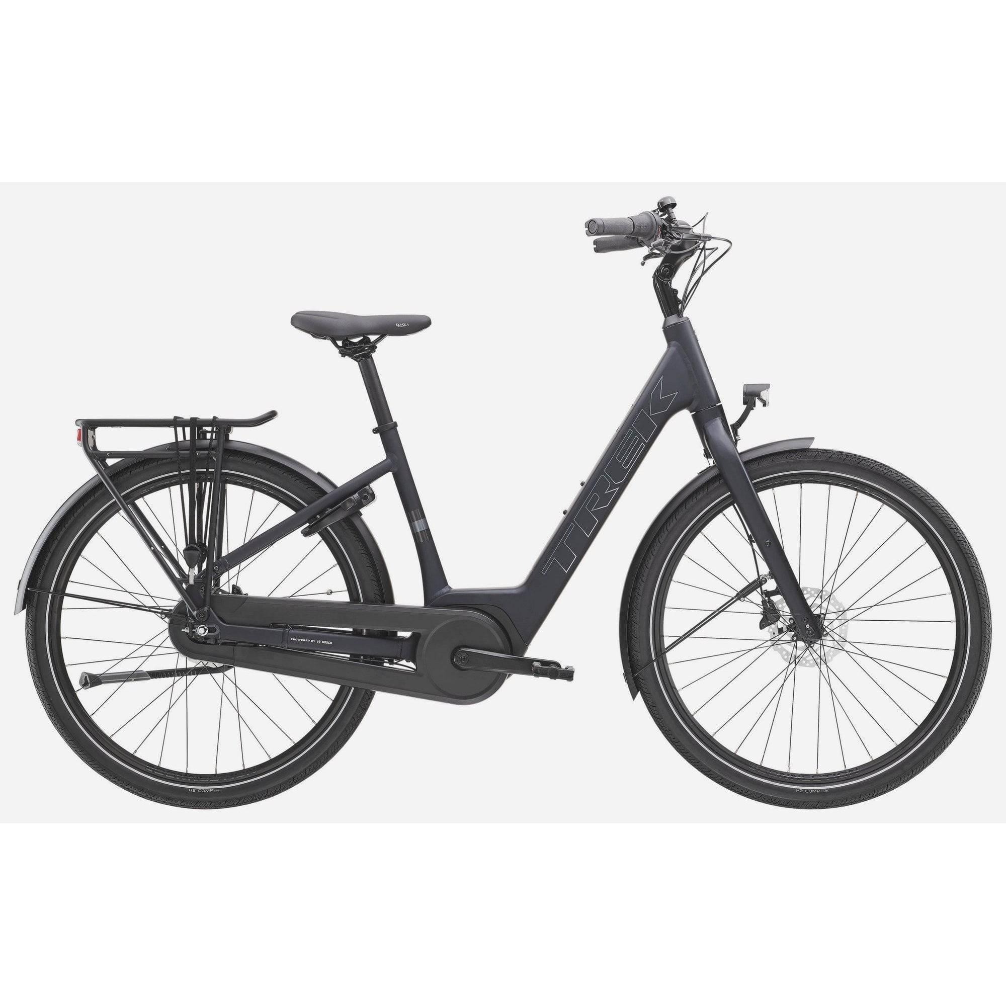 Trek District+ 1 Lowstep women’s 2025 e-hybrid bike for urban commuting, featuring a step-through frame and electric assist.