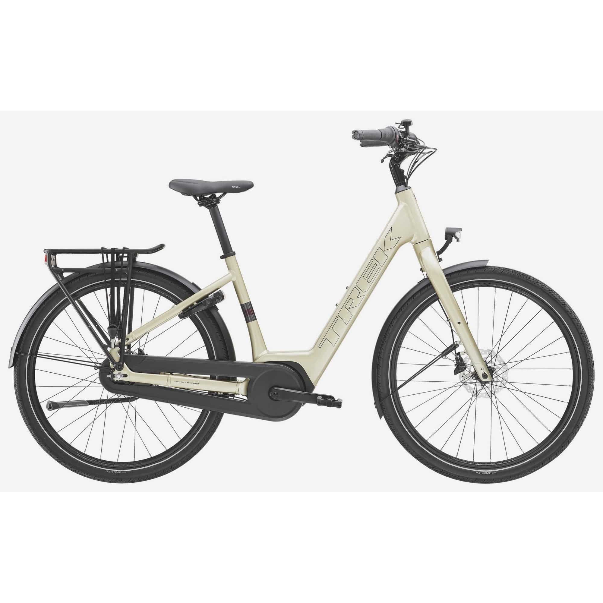 Trek District+ 1 Lowstep women’s 2025 e-hybrid bike for urban commuting, featuring a step-through frame and electric assist system.