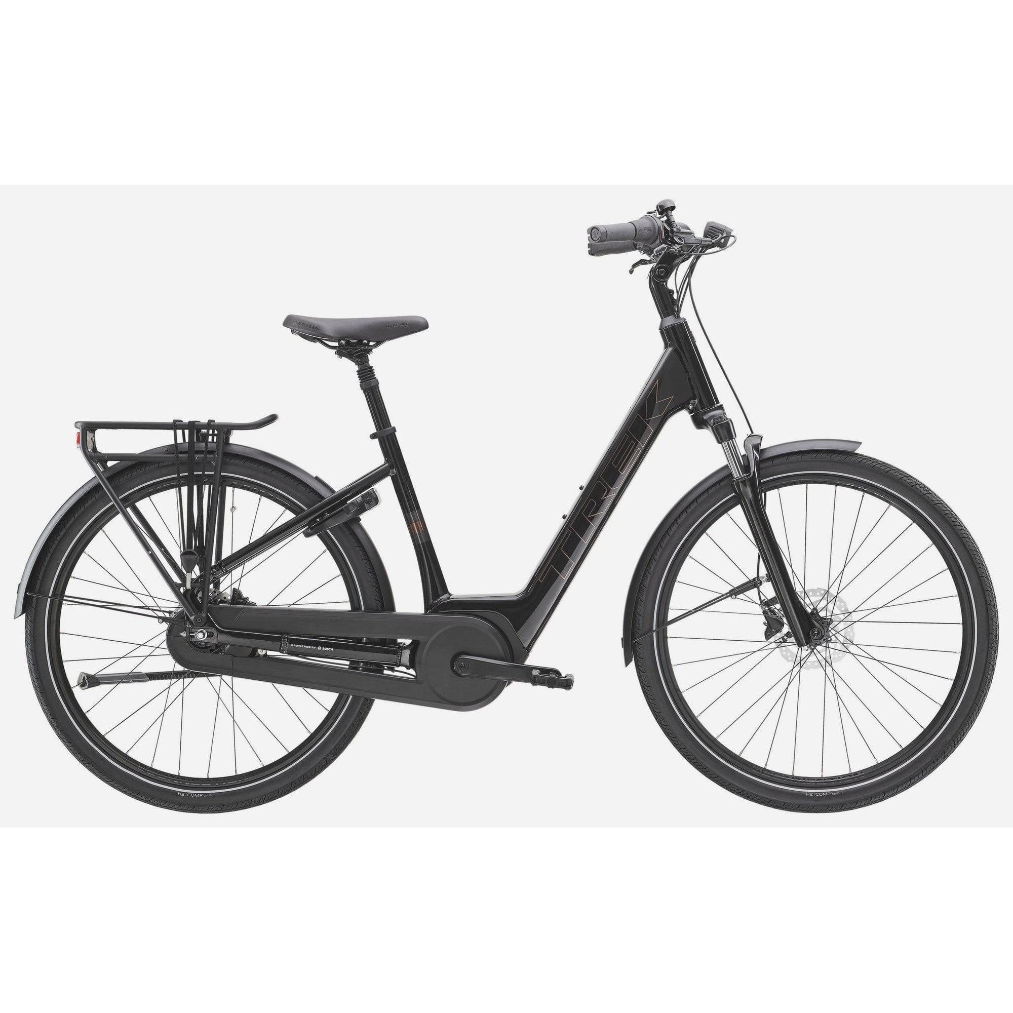 Trek District+ 2 Lowstep electric hybrid bike for urban commuting, featuring a step-through frame and electric assist system.