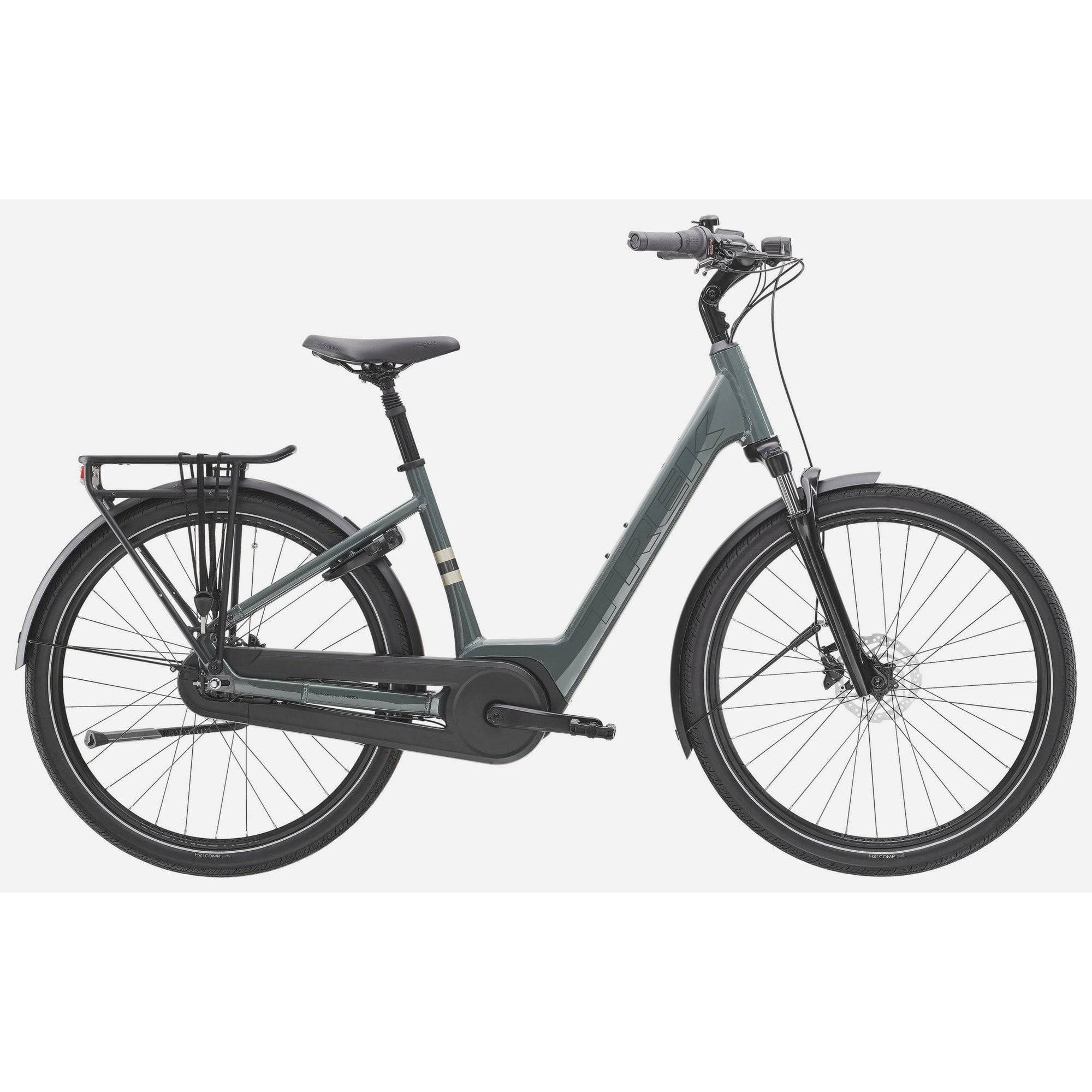 Trek District+ 2 Lowstep electric hybrid bike for urban commuting, featuring a step-through frame and electric motor.