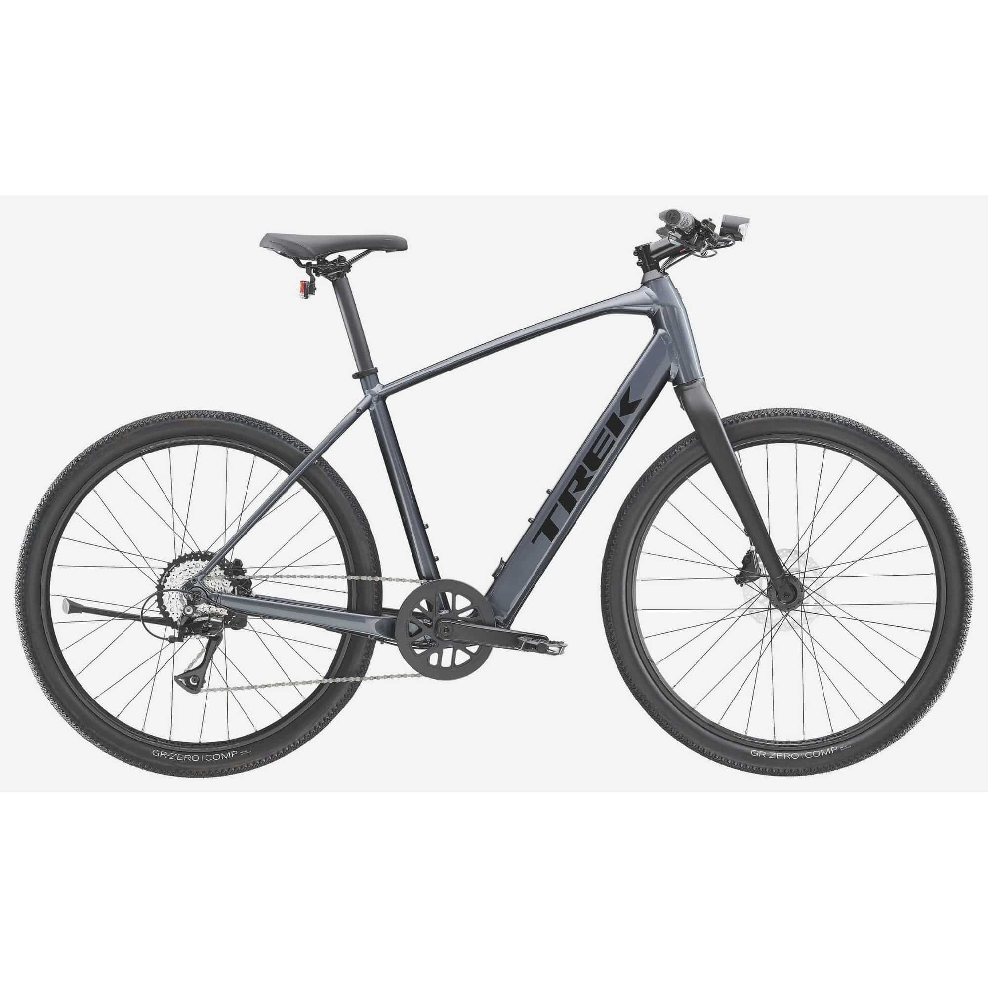 Trek Dual Sport+ 2 LT 2025 electric hybrid bike with mountain bike tires and sleek frame, suitable for urban and trail riding.