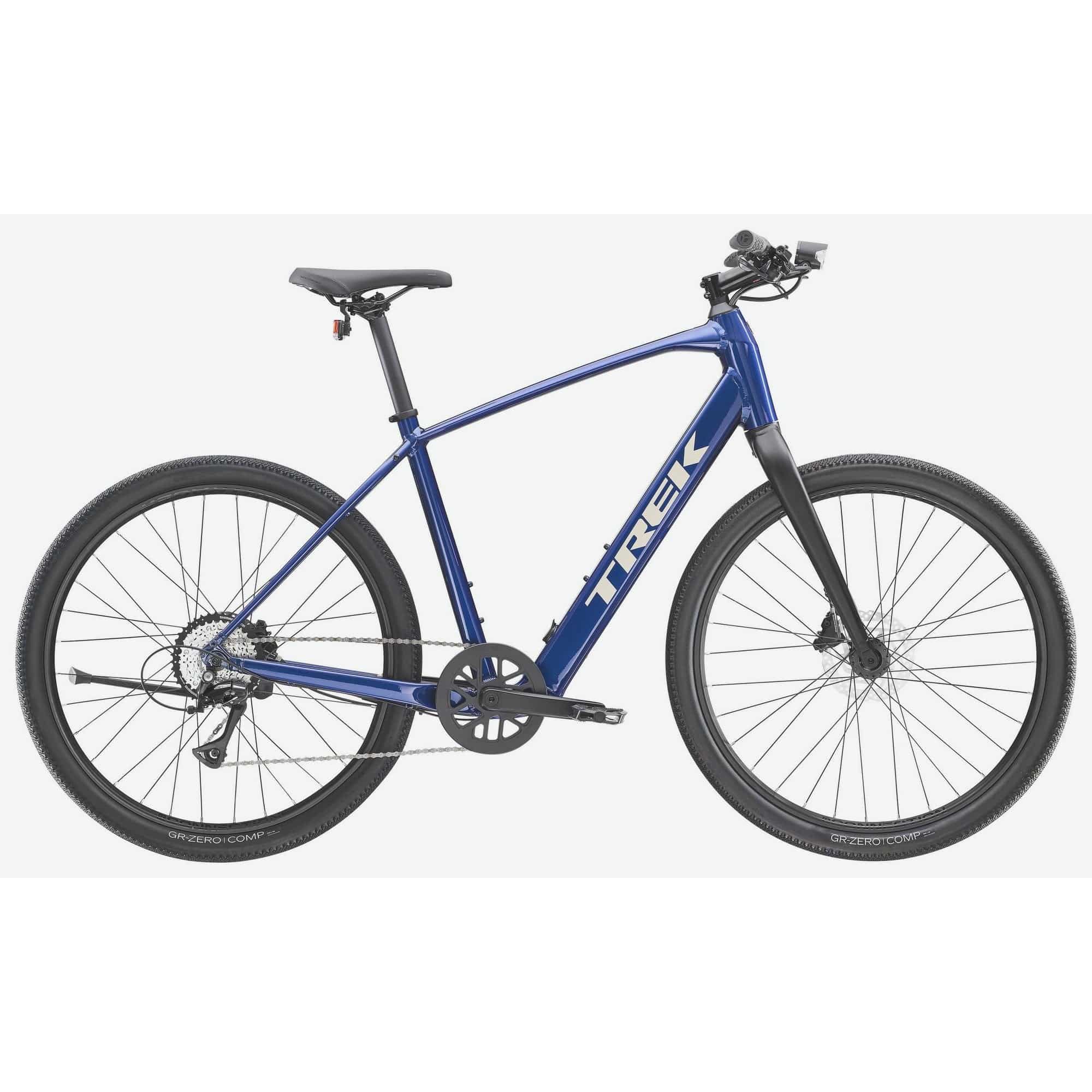 Trek Dual Sport+ 2 LT 2025 electric hybrid bike with black frame, suitable for urban and trail riding, displayed outdoors.