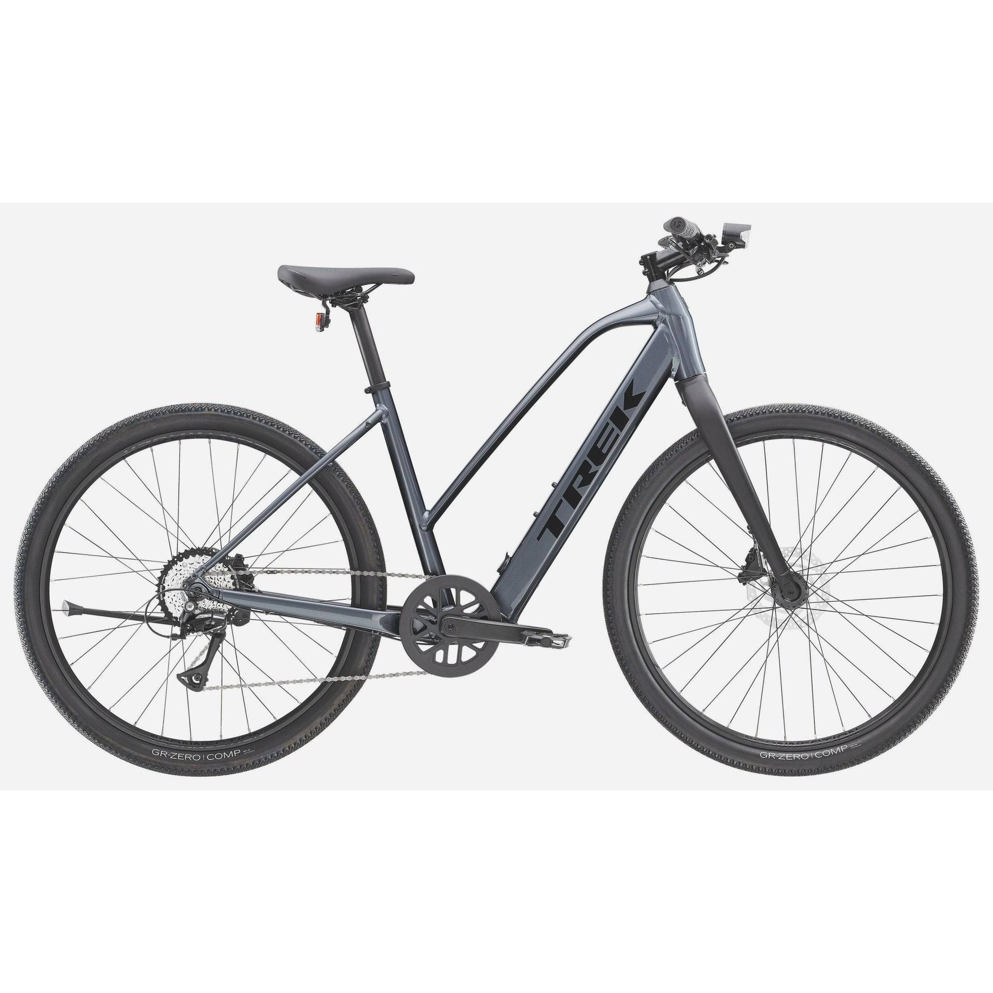 Trek Dual Sport+ 2 Stagger LT 2025 women's electric hybrid bike with low-step frame, suitable for commuting and off-road riding.