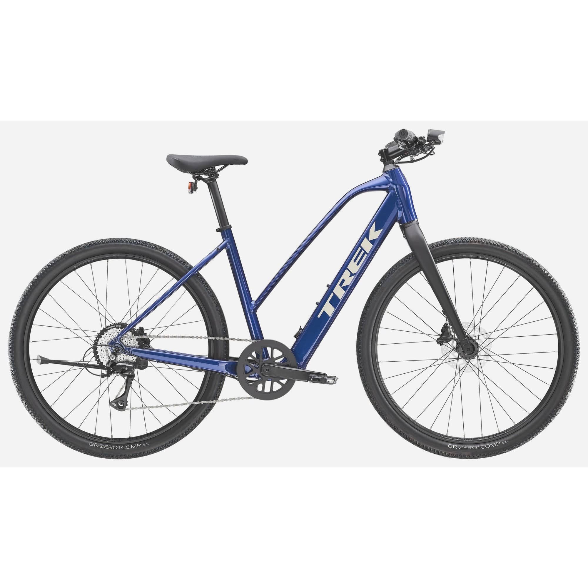 Trek Dual Sport+ 2 Stagger LT 2025 women's electric hybrid bike with low-step frame, suitable for commuting and off-road riding.