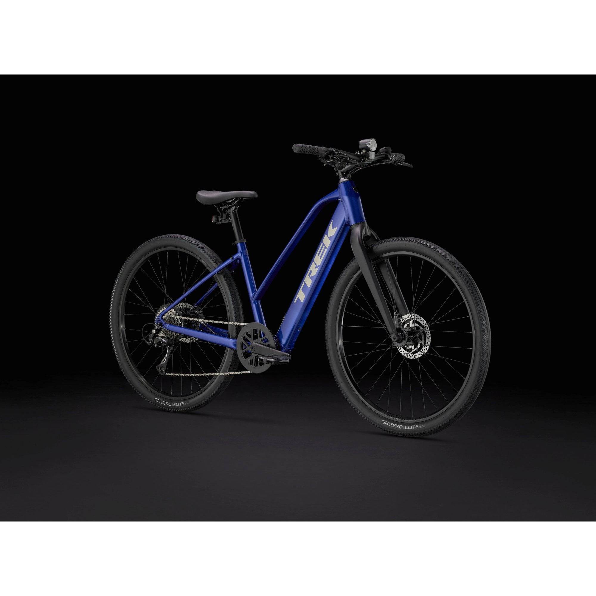 Trek Dual Sport+ 2 Stagger LT 2025 women's low-step electric hybrid bike for commuting and off-road riding.