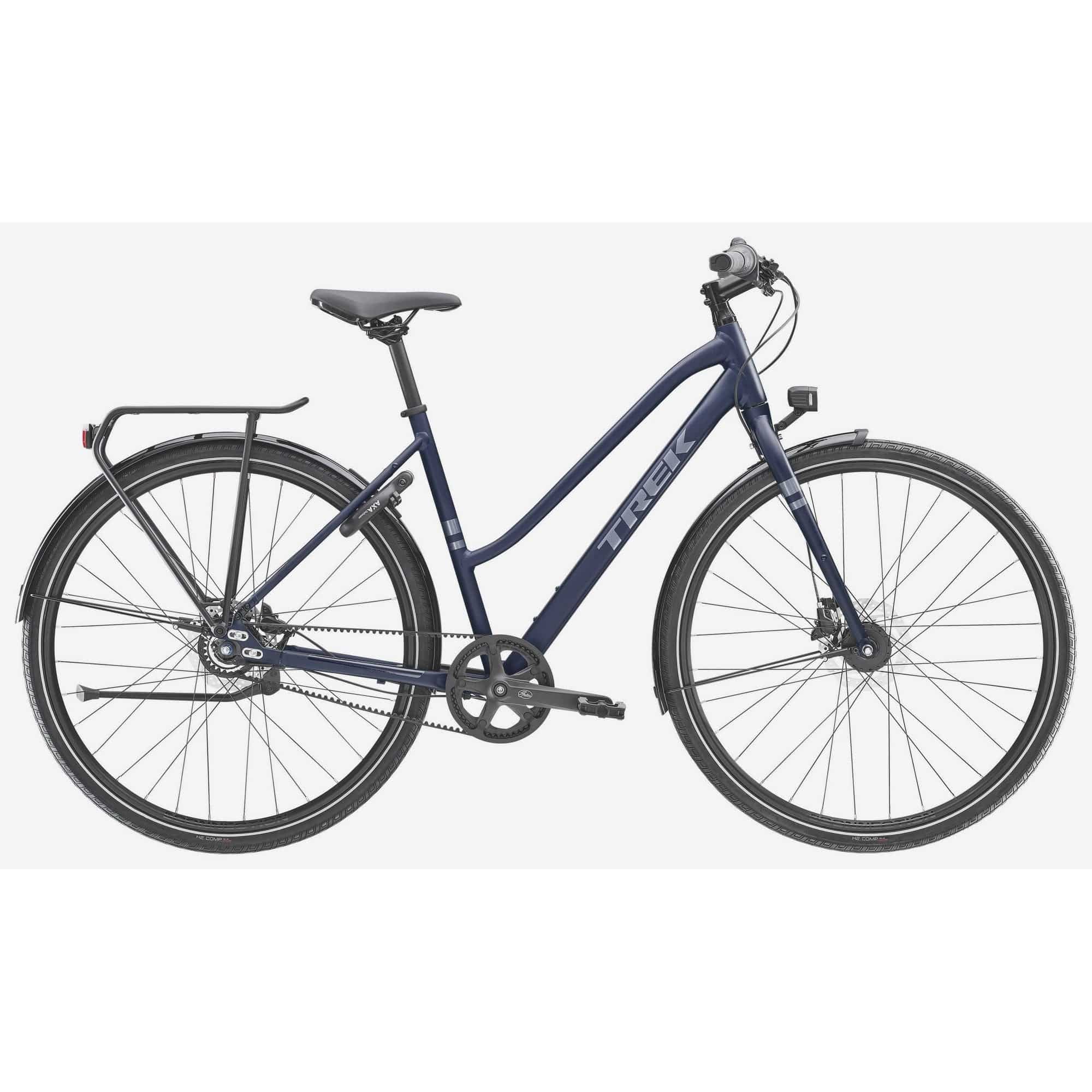 Trek District 3 Midstep hybrid bike for women, urban commuter bike with comfortable frame and versatile design, front and rear gears.