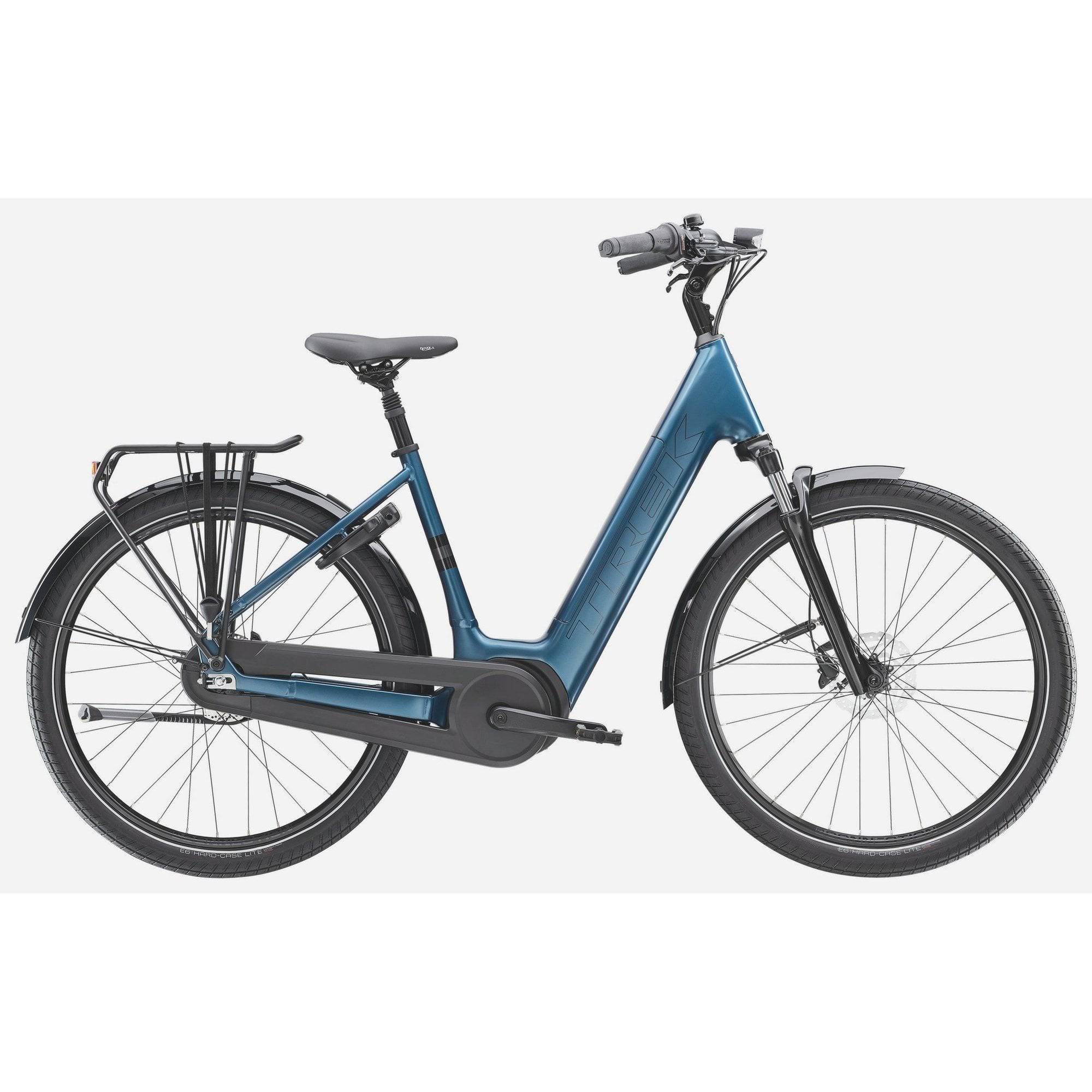 Trek District+ 3 lowstep e-hybrid bike for urban commuting and light trails, featuring a step-through frame and electric motor.