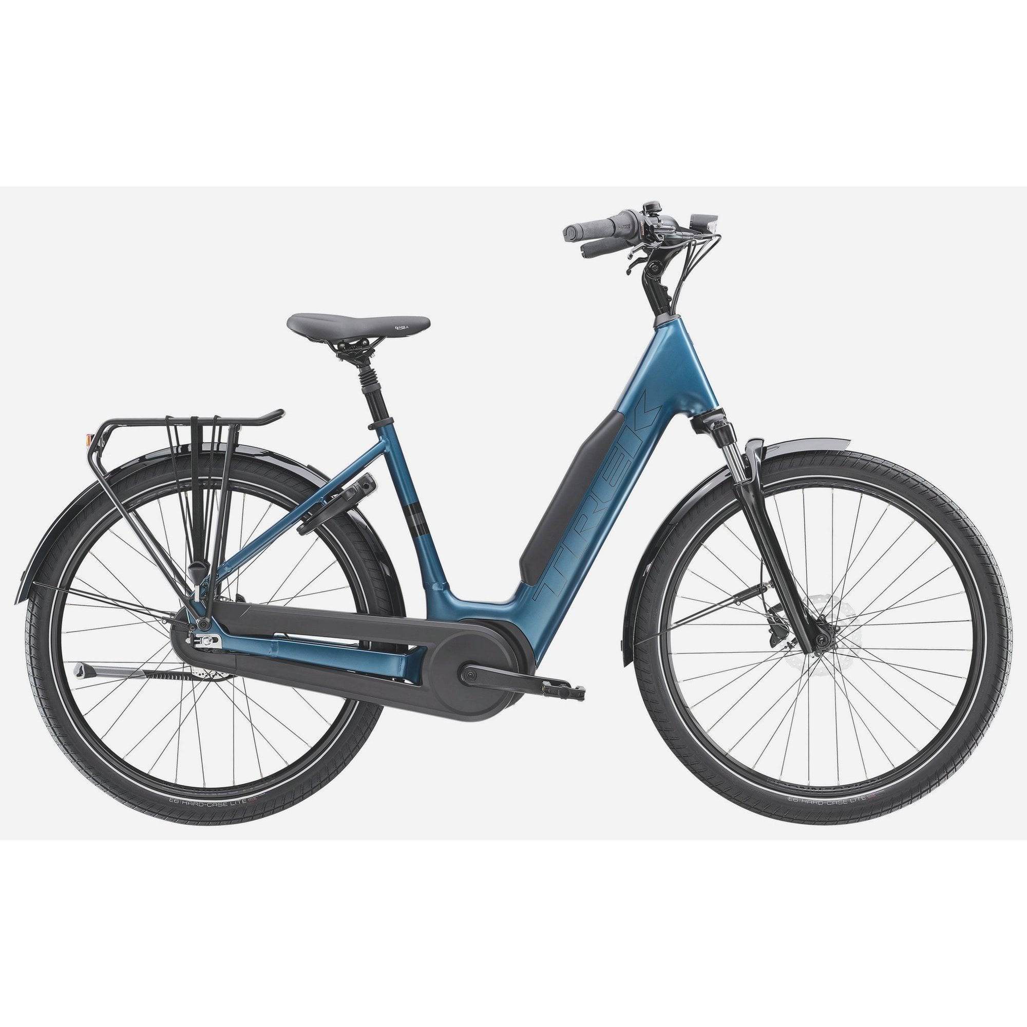 Trek District+ 3 lowstep e-hybrid bike for urban commuting and light trails, with step-through frame and electric assist.