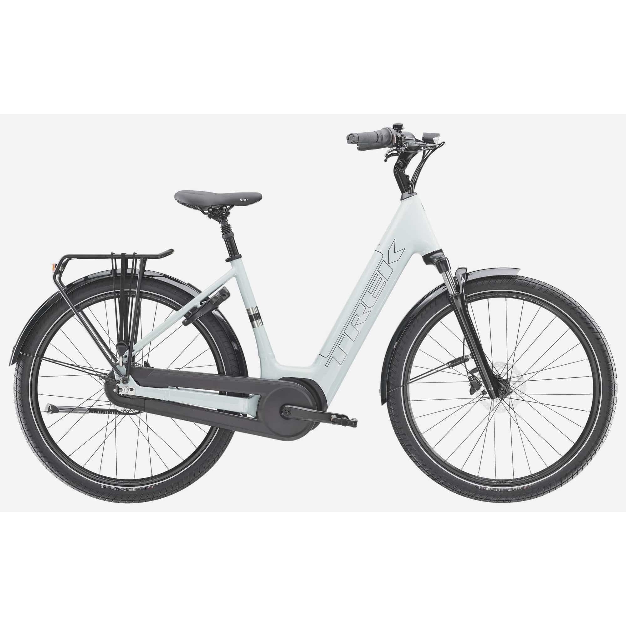 Trek District+ 3 lowstep e-hybrid bike for urban commuting and light trail riding, featuring a sleek frame and electric assist.