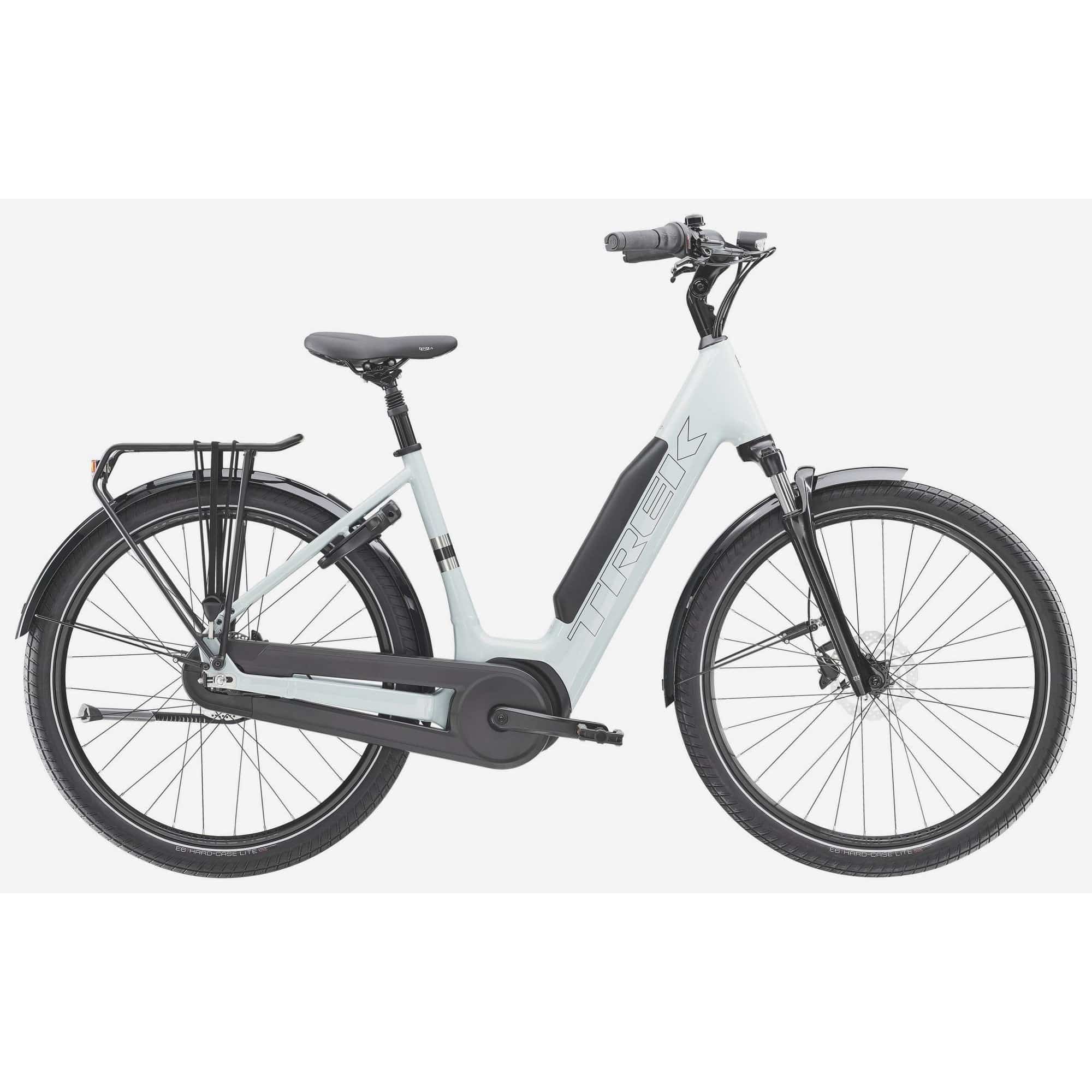 Trek District+ 3 Lowstep e-Hybrid bike for urban commuting and light trails, featuring a step-through frame and electric assist.