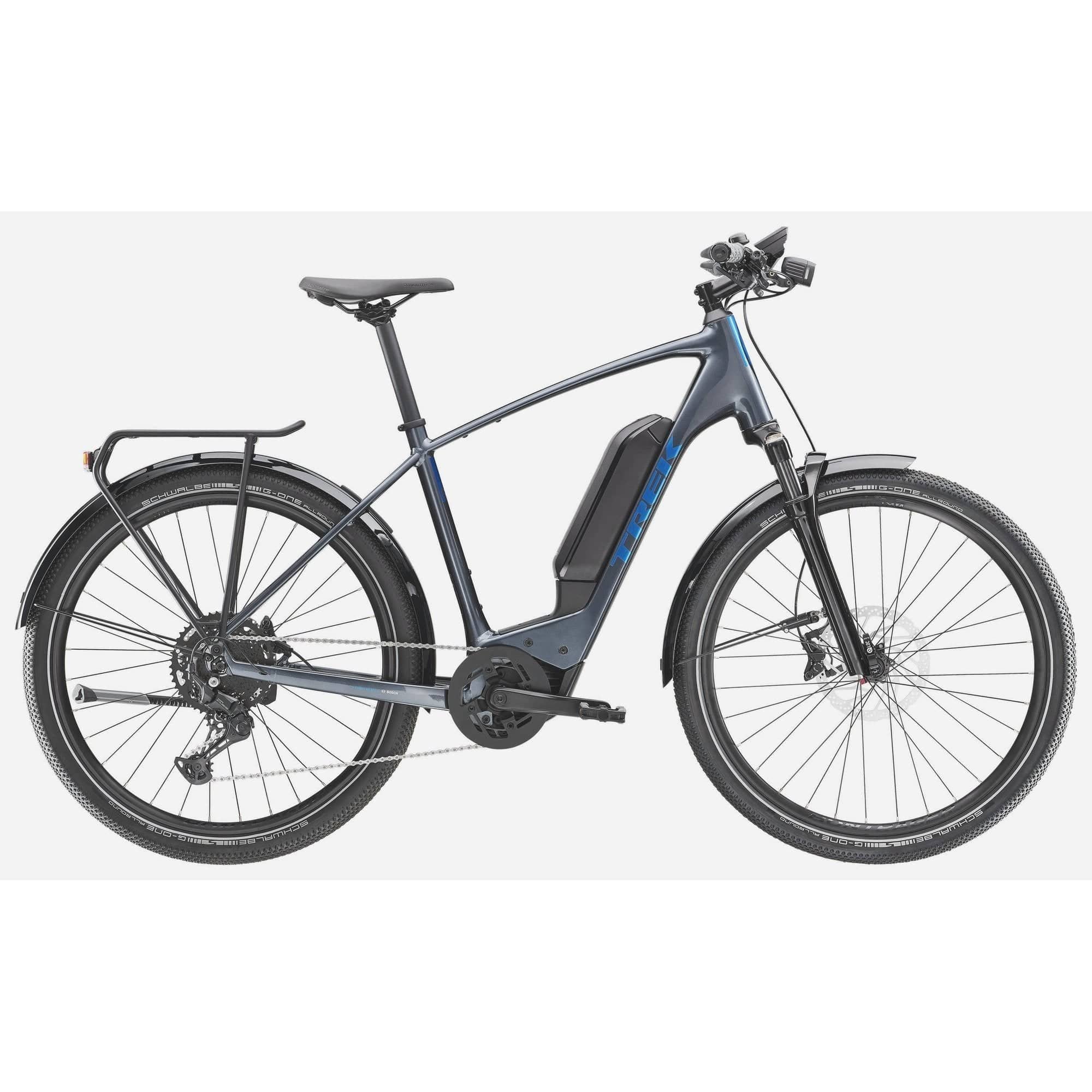 Trek Allant+ 6 electric hybrid commuter bike with pedal assist, black frame, and ergonomic design for urban riding.
