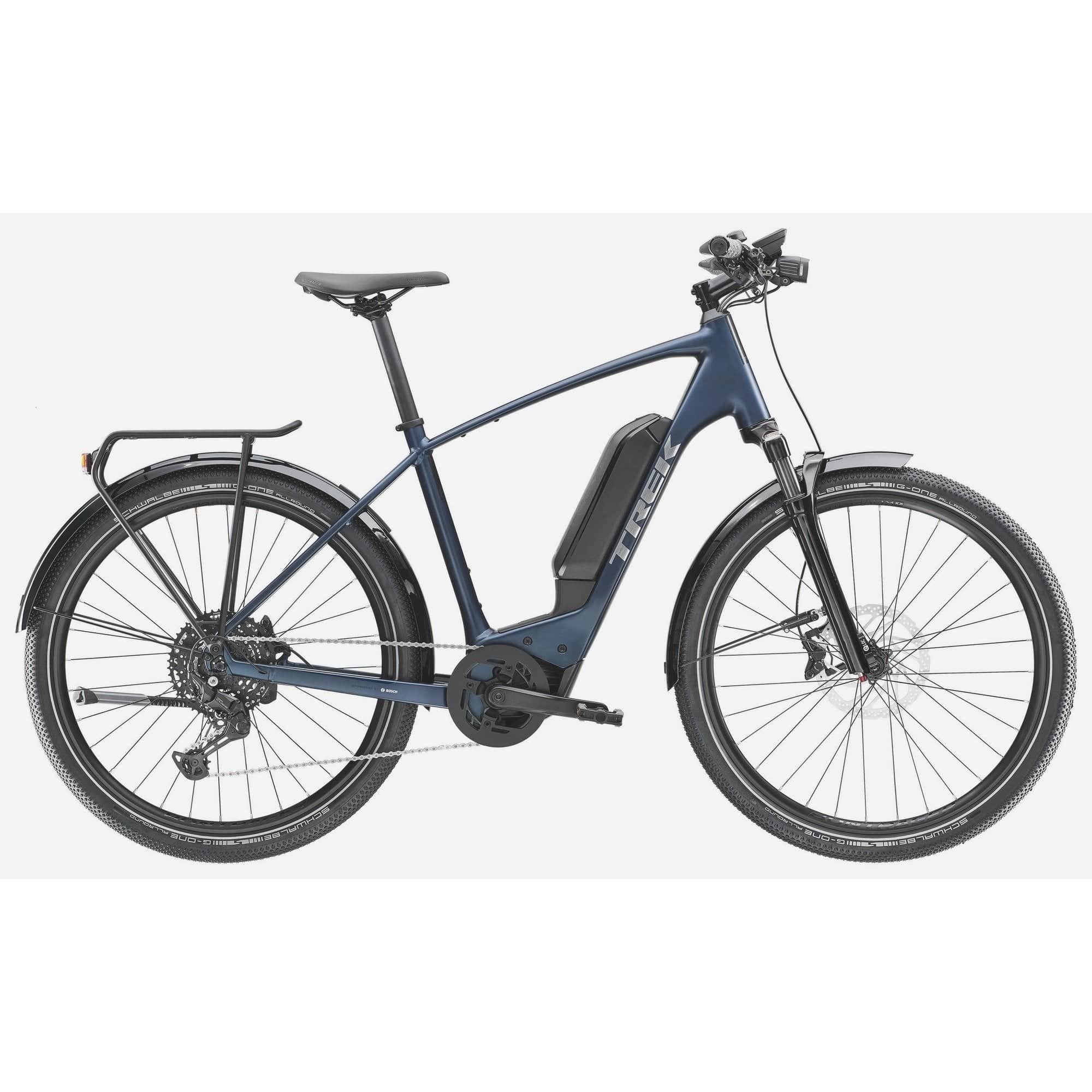 Trek Allant+ 6 electric hybrid commuter bike with pedal assist, featuring a sleek frame, battery, and ergonomic handlebars.