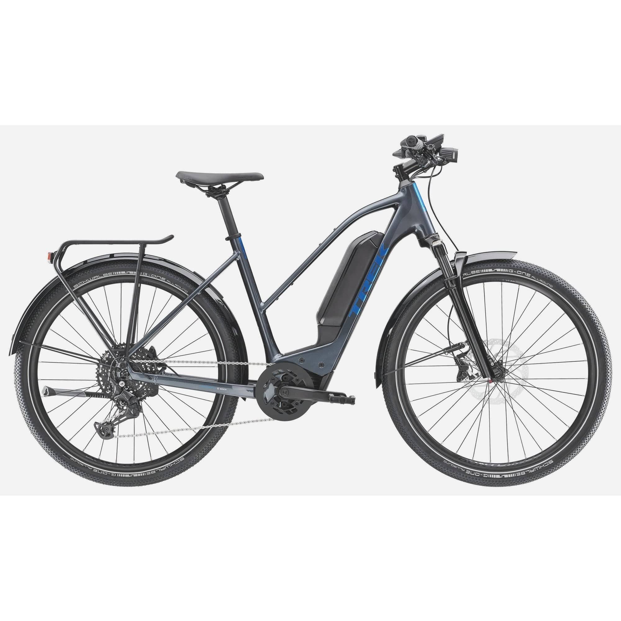 Trek Allant+ 6 Stagger 2025 women's electric hybrid bike for urban commuting, shown with sleek frame and electric motor.