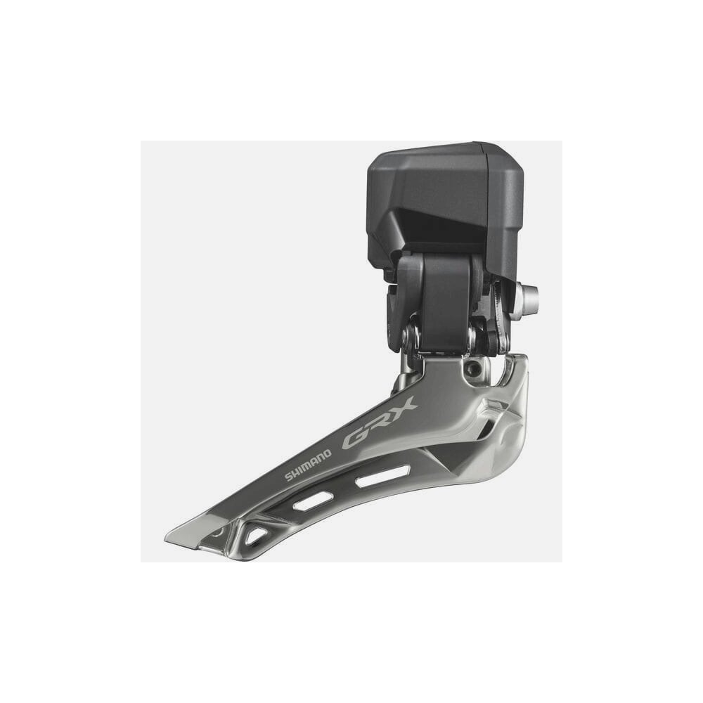 Shimano GRX FD-RX825 Di2 12-speed double front derailleur braze-on gravel bike component showing the mech and mounting plate