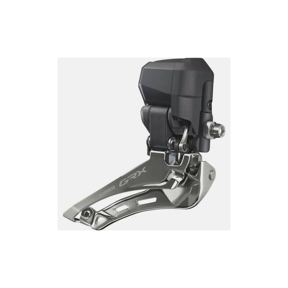 Shimano GRX FD-RX825 Di2 12-speed double front derailleur for gravel bikes, showing braze-on mounting and sleek metallic finish.