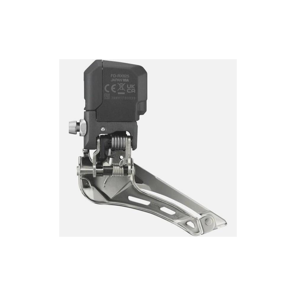 Shimano GRX FD-RX825 Di2 12-speed double front derailleur braze-on gravel bike component showing the metallic derailleur and mounting bracket.