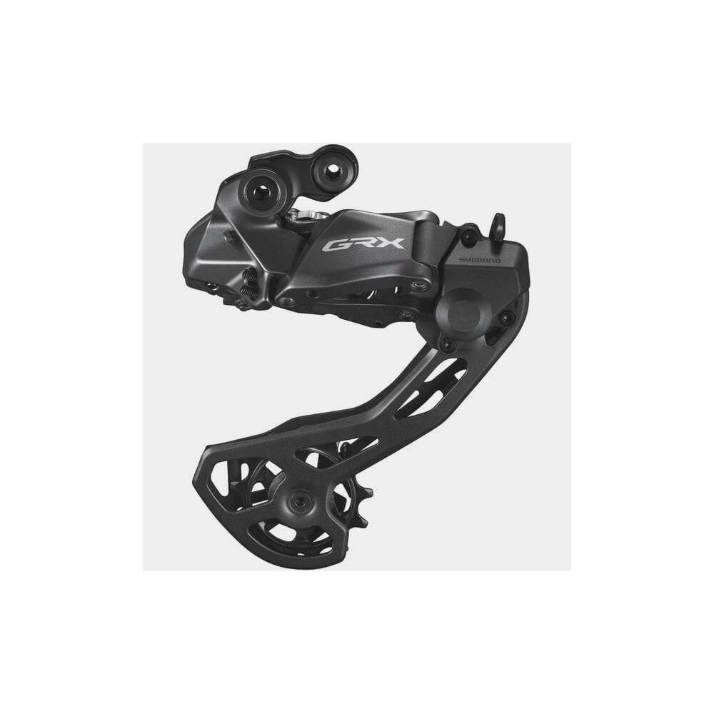 Shimano GRX RD-RX825 Di2 12-speed Shadow+ rear derailleur for double 36T bike components, showcasing sleek metallic finish.