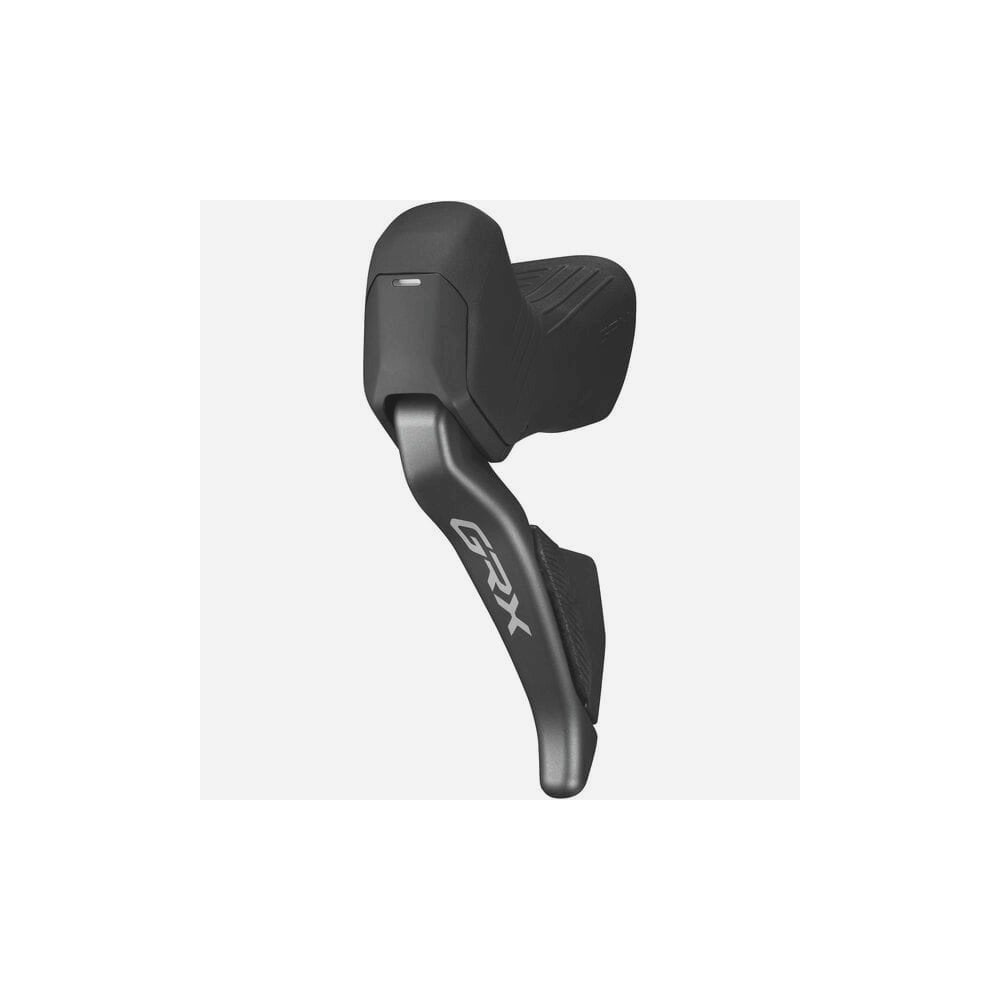 Shimano GRX ST-RX825 left-hand 2-speed Di2 hydraulic STI lever for gravel bike shifting, showing ergonomic design and controls.